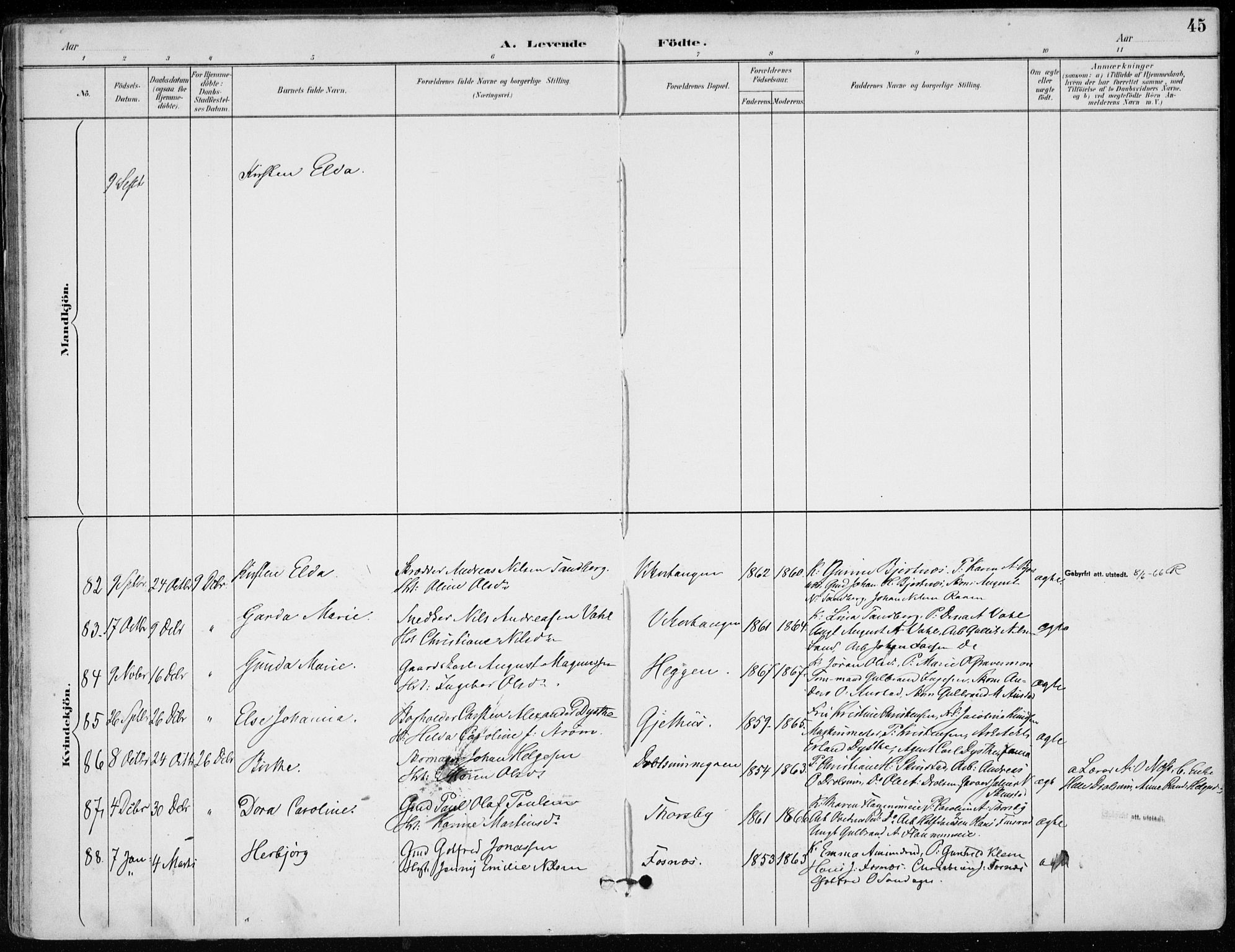 Modum kirkebøker, AV/SAKO-A-234/F/Fa/L0012: Parish register (official) no. 12, 1890-1898, p. 45