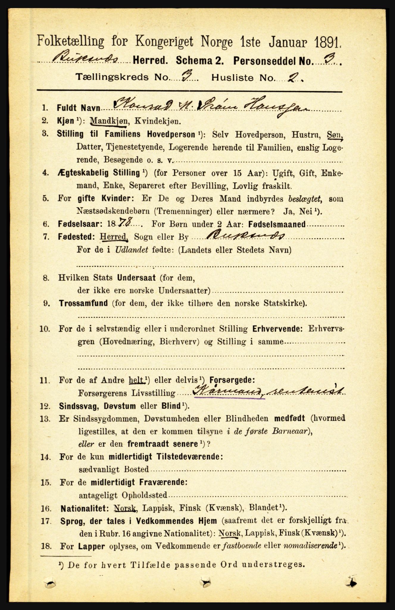 RA, 1891 census for 1860 Buksnes, 1891, p. 2213