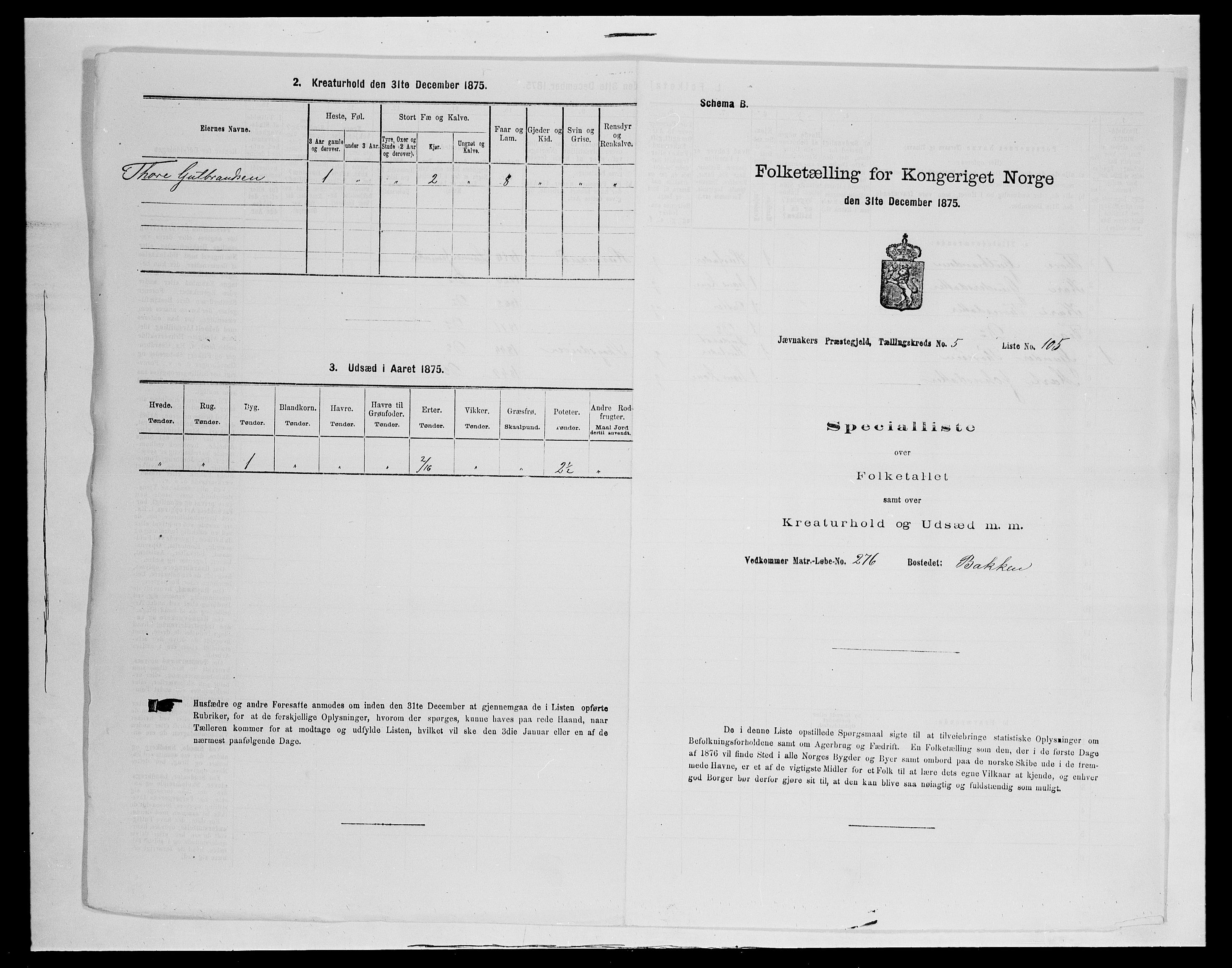 SAH, 1875 census for 0532P Jevnaker, 1875, p. 1016