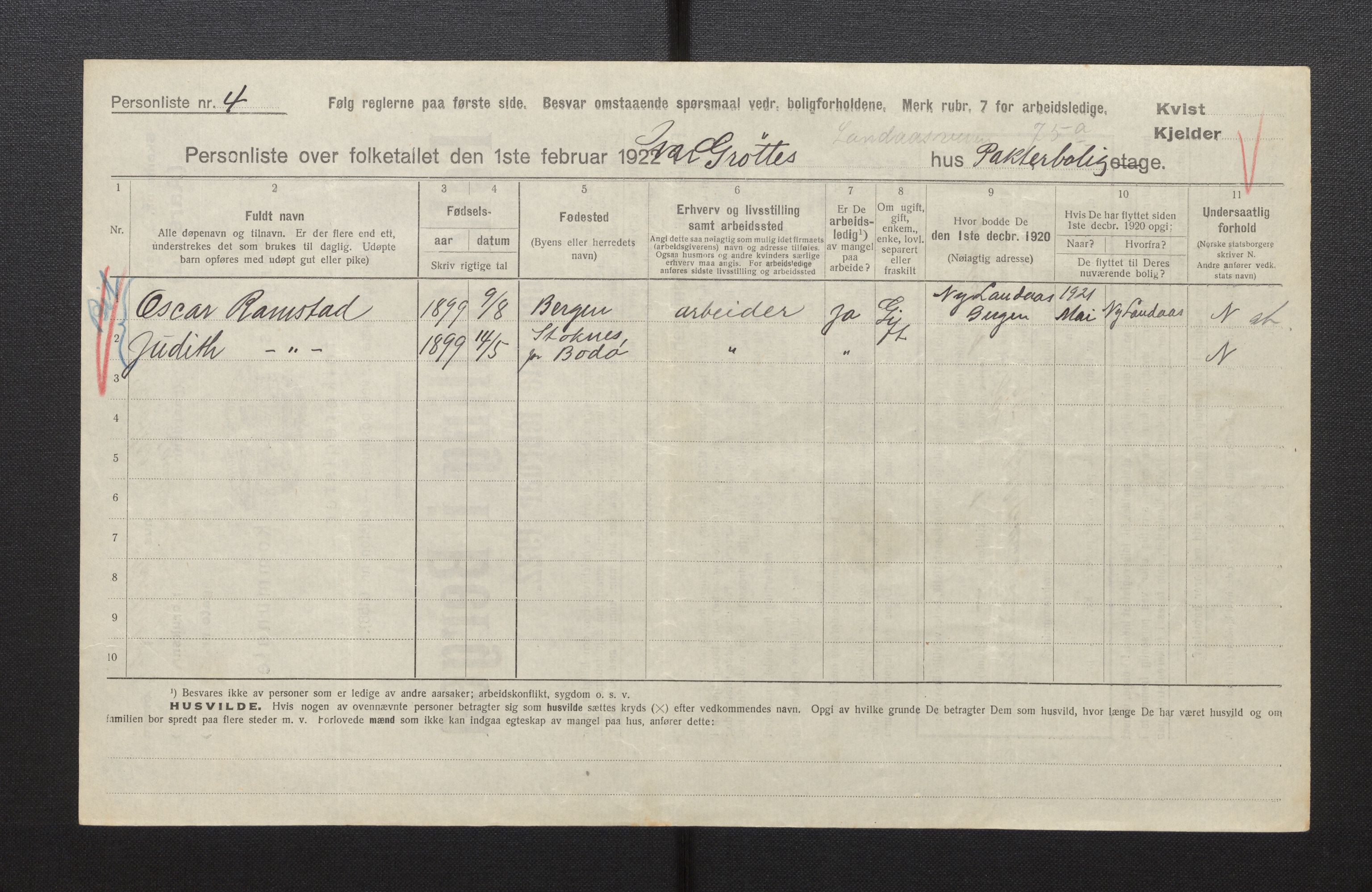 SAB, Municipal Census 1922 for Bergen, 1922, p. 55276