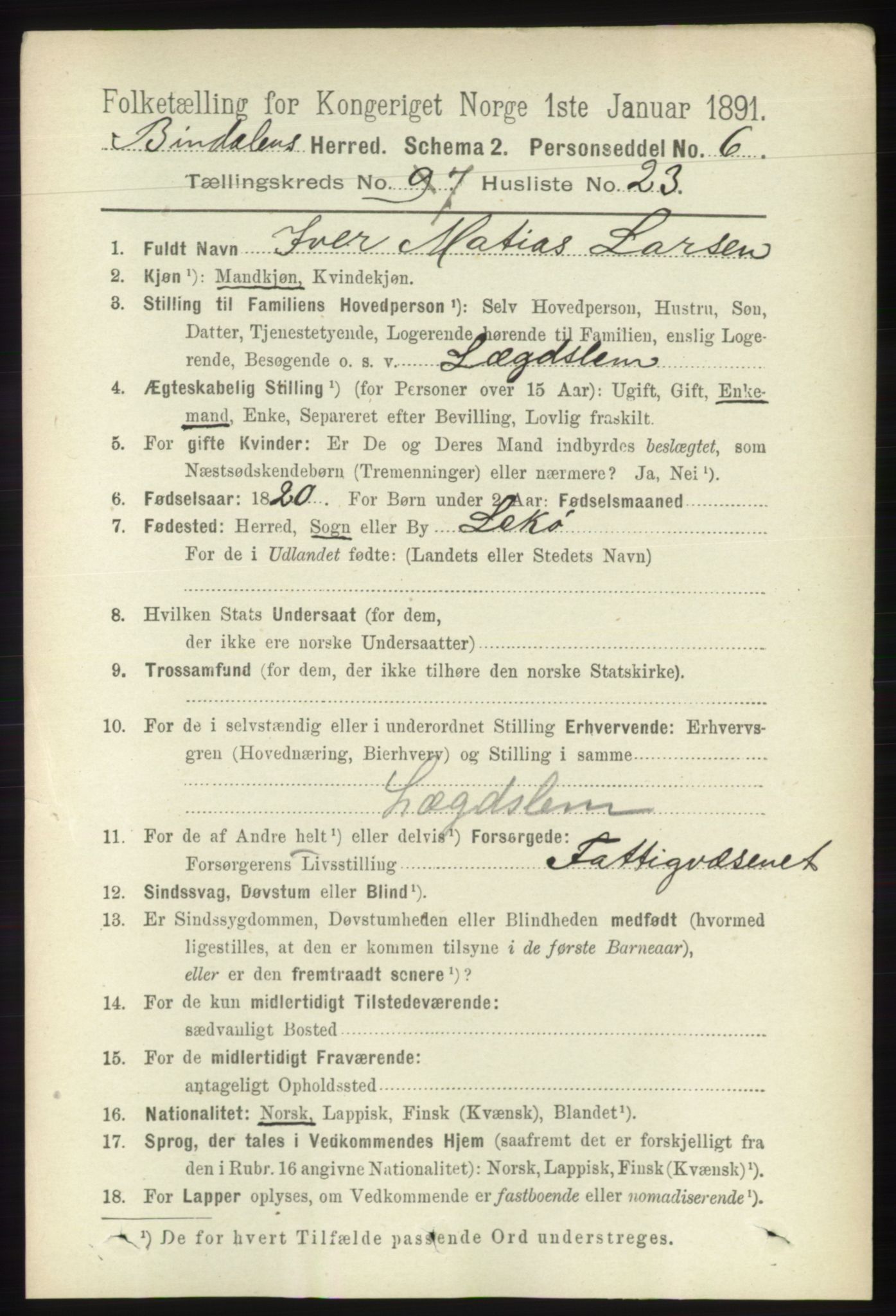 RA, 1891 census for 1811 Bindal, 1891, p. 2402