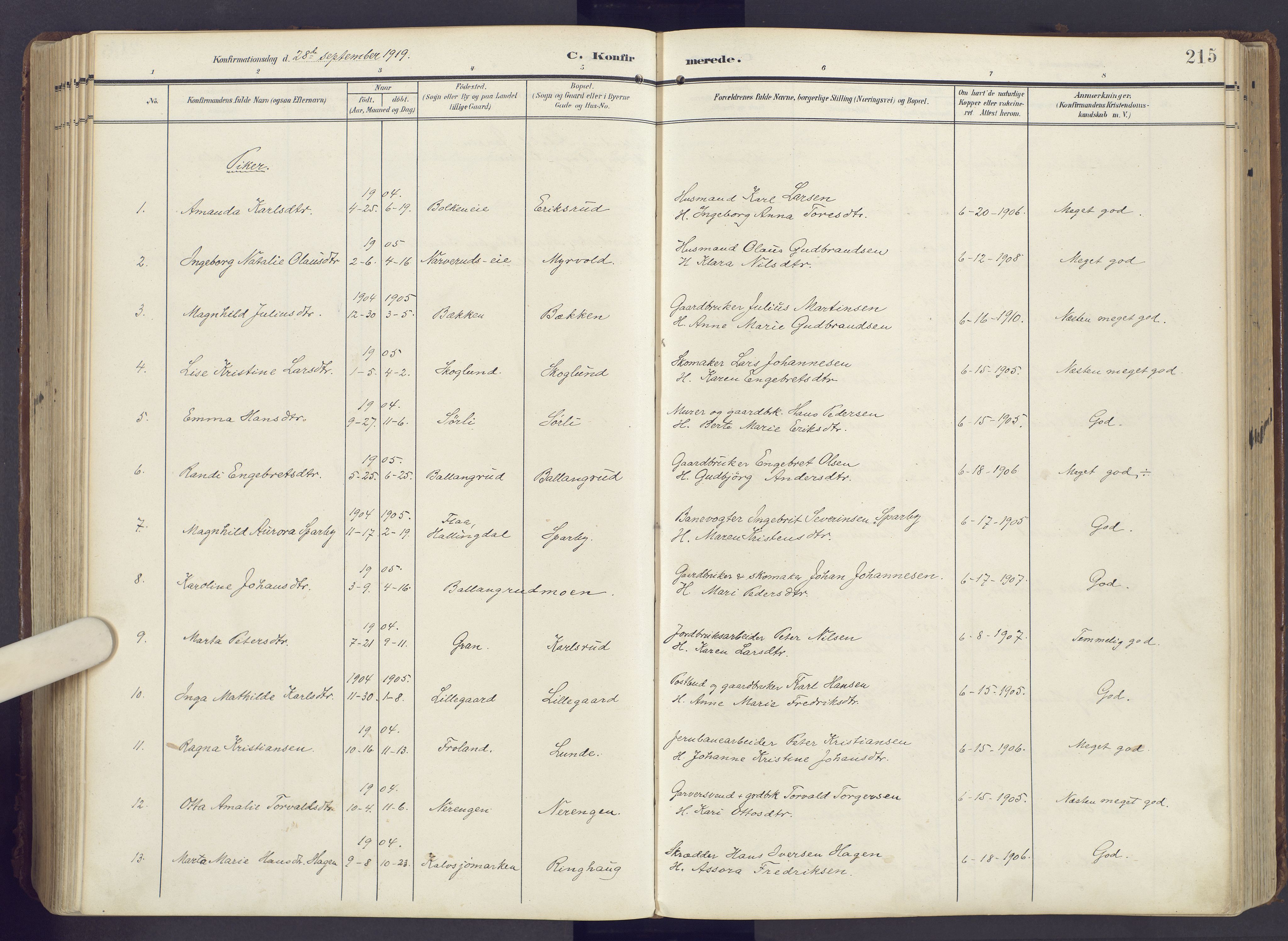 Lunner prestekontor, AV/SAH-PREST-118/H/Ha/Haa/L0001: Parish register (official) no. 1, 1907-1922, p. 215