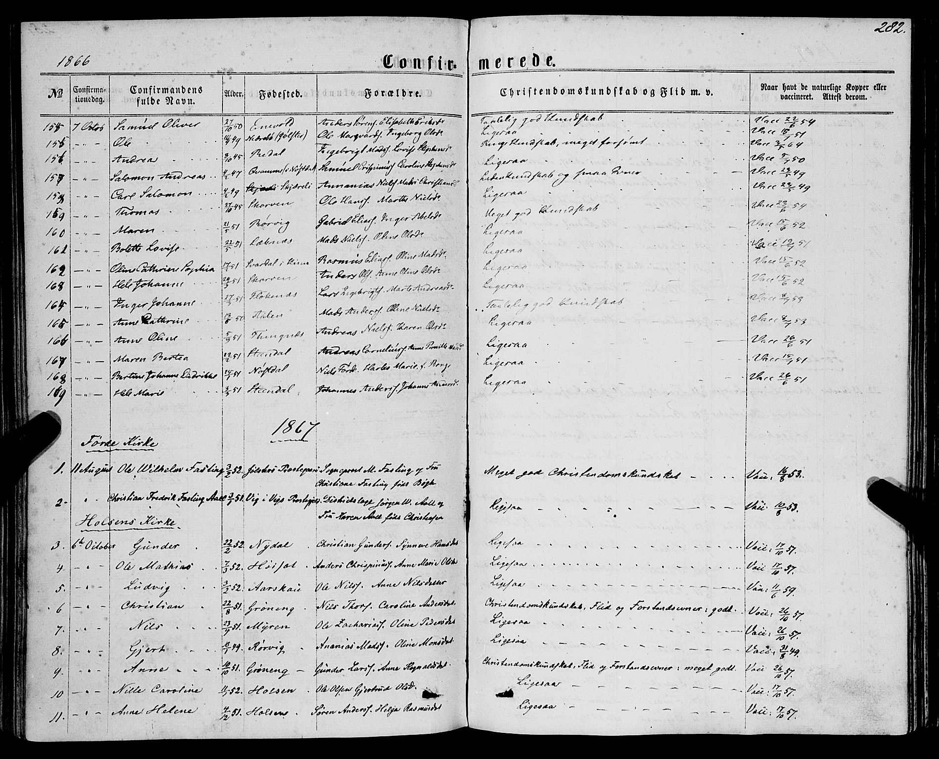Førde sokneprestembete, AV/SAB-A-79901/H/Haa/Haaa/L0009: Parish register (official) no. A 9, 1861-1877, p. 282
