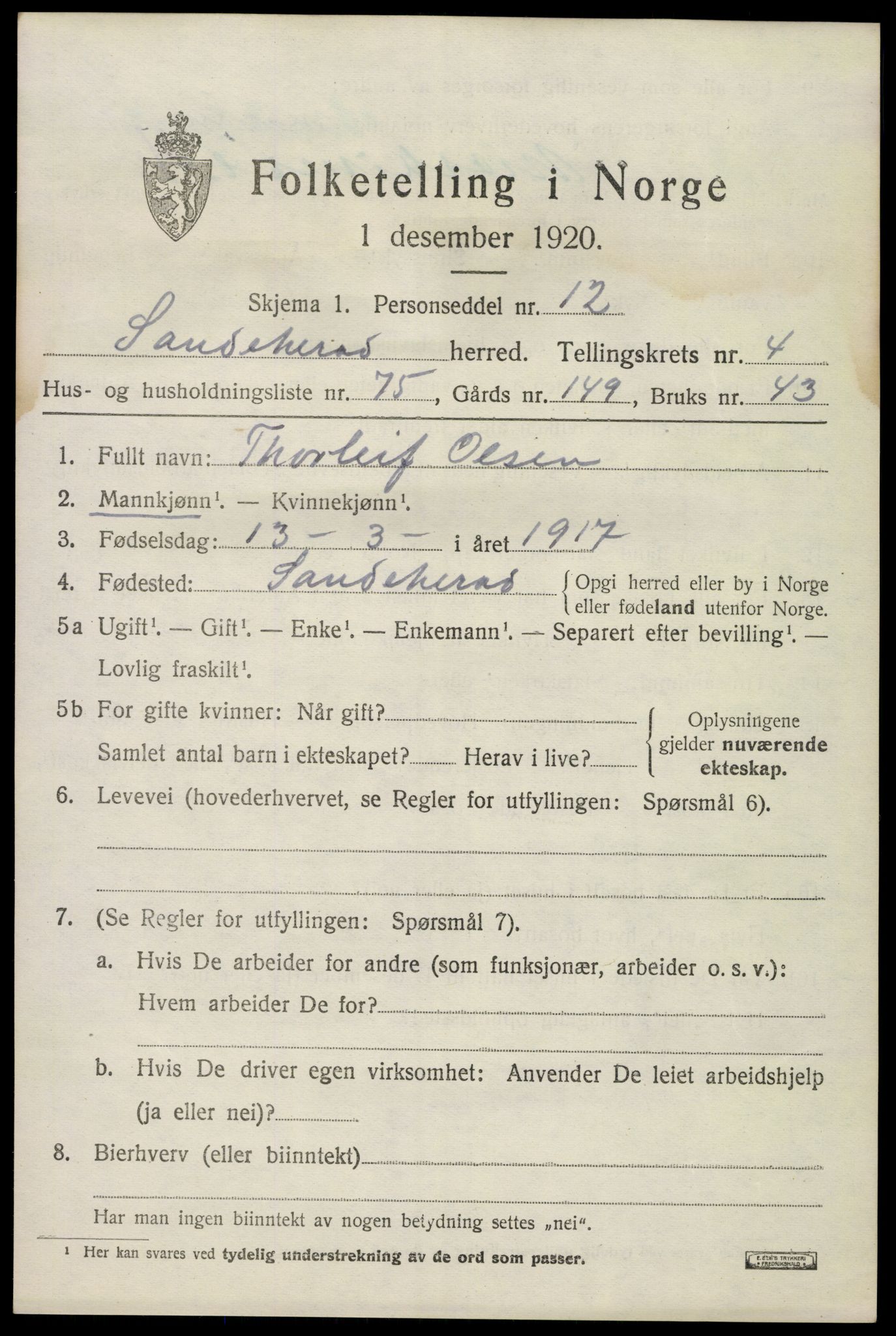 SAKO, 1920 census for Sandeherred, 1920, p. 7464