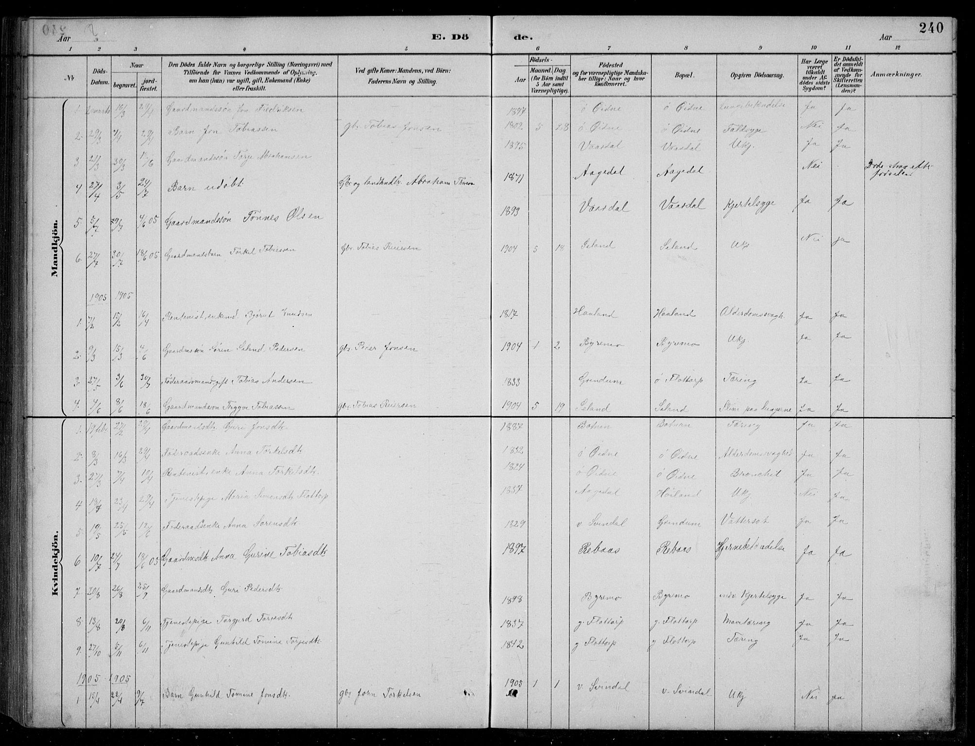 Bjelland sokneprestkontor, SAK/1111-0005/F/Fb/Fbc/L0003: Parish register (copy) no. B 3, 1887-1924, p. 240