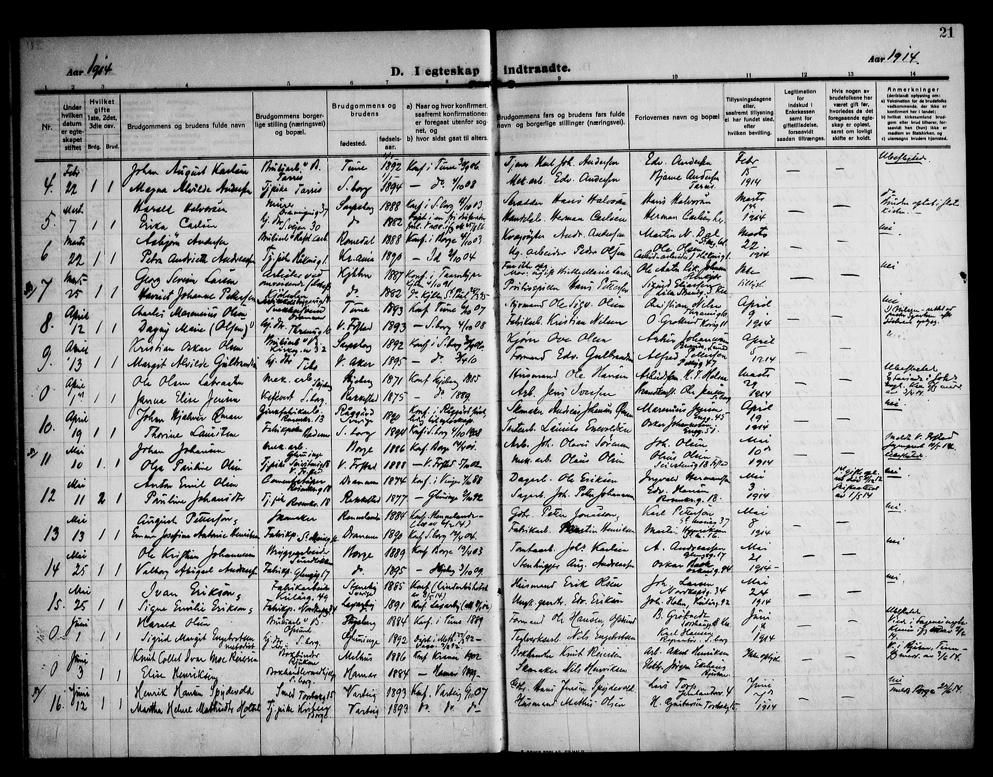 Sarpsborg prestekontor Kirkebøker, AV/SAO-A-2006/F/Fa/L0007: Parish register (official) no. 7, 1910-1918, p. 21