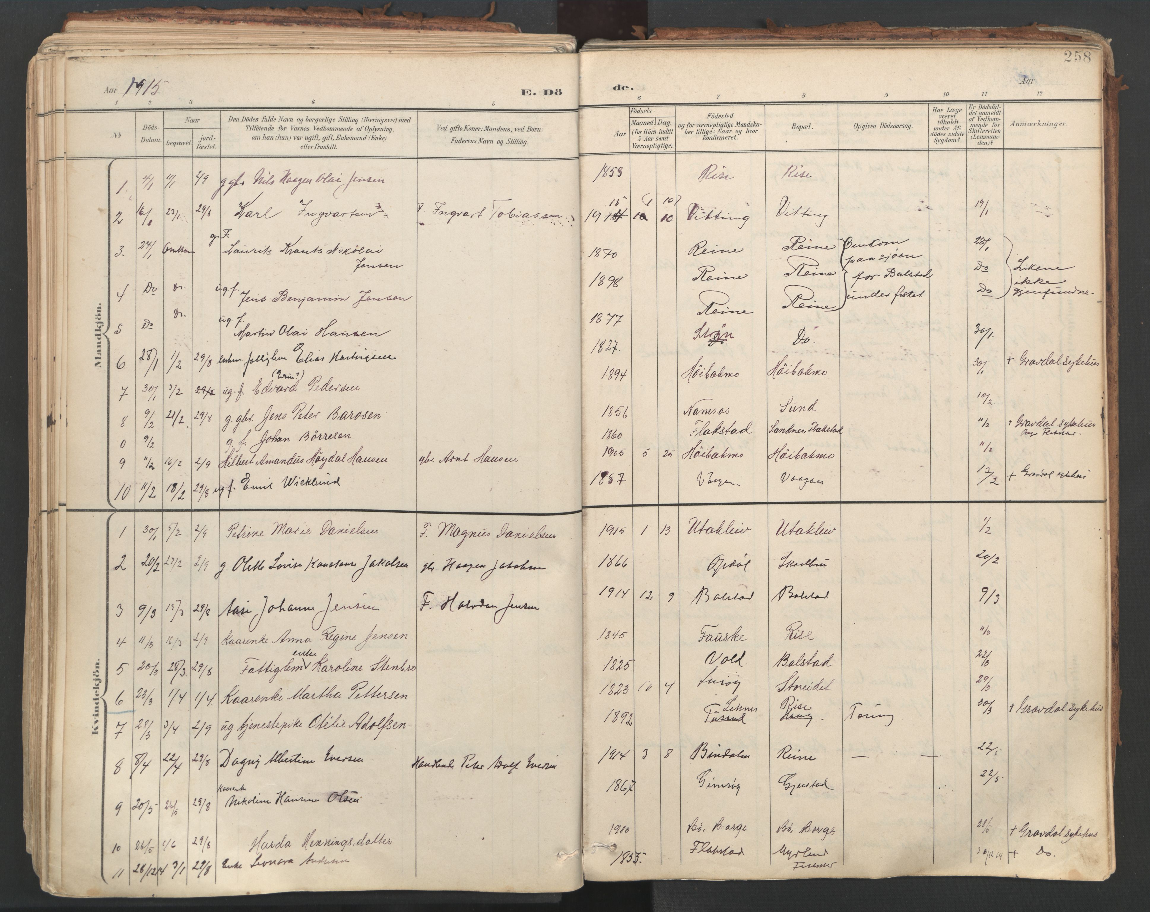 Ministerialprotokoller, klokkerbøker og fødselsregistre - Nordland, SAT/A-1459/881/L1154: Parish register (official) no. 881A07, 1907-1918, p. 258