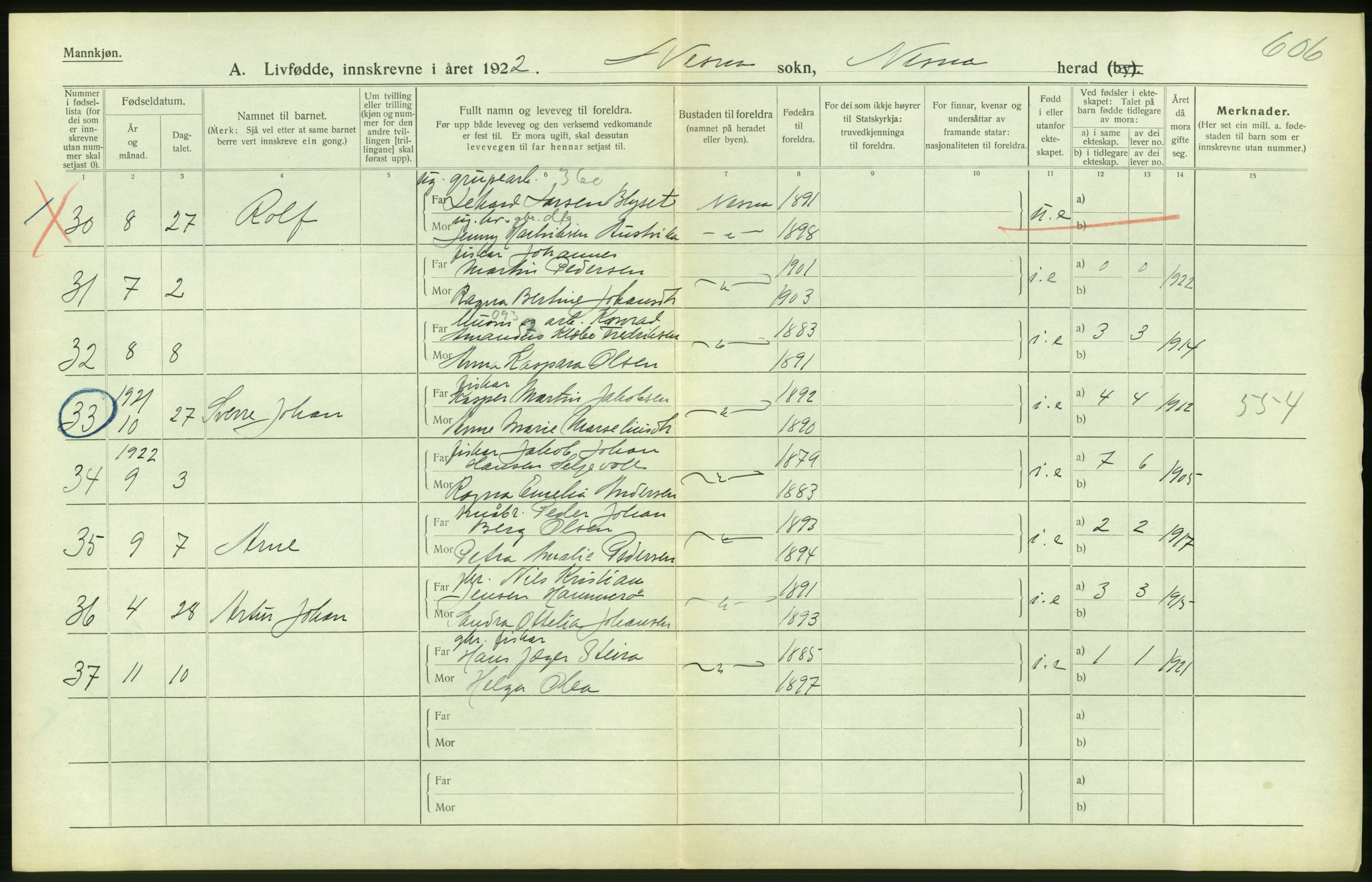 Statistisk sentralbyrå, Sosiodemografiske emner, Befolkning, AV/RA-S-2228/D/Df/Dfc/Dfcb/L0044: Nordland fylke: Levendefødte menn og kvinner. Bygder og byer., 1922, p. 222