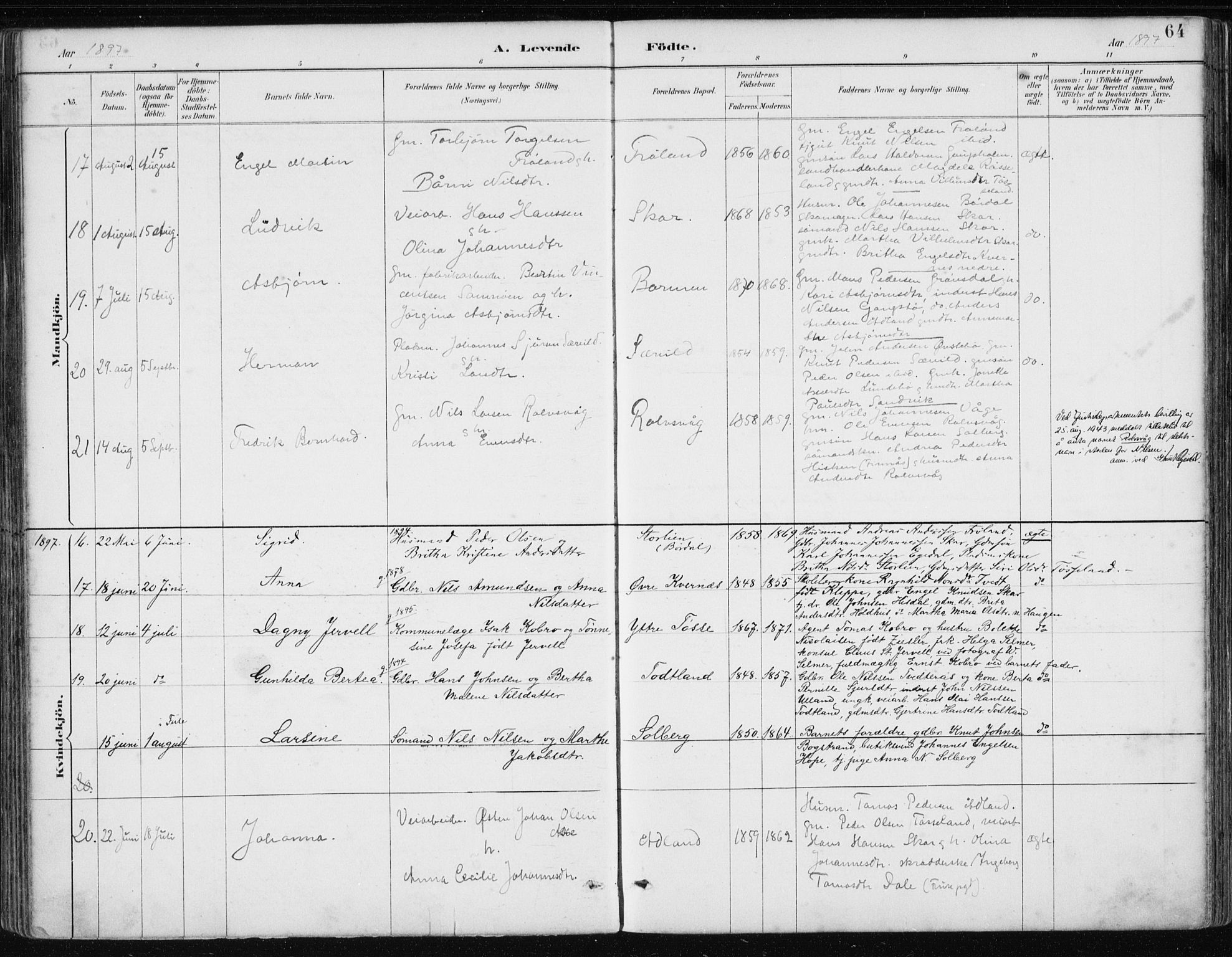 Samnanger Sokneprestembete, AV/SAB-A-77501/H/Haa: Parish register (official) no. A 1, 1885-1901, p. 64