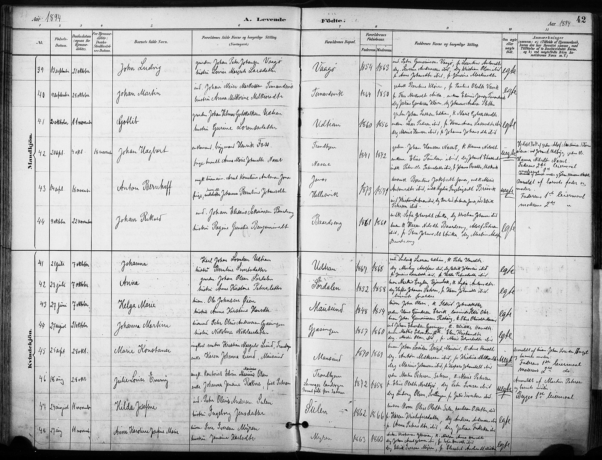 Ministerialprotokoller, klokkerbøker og fødselsregistre - Sør-Trøndelag, AV/SAT-A-1456/640/L0579: Parish register (official) no. 640A04, 1889-1902, p. 42