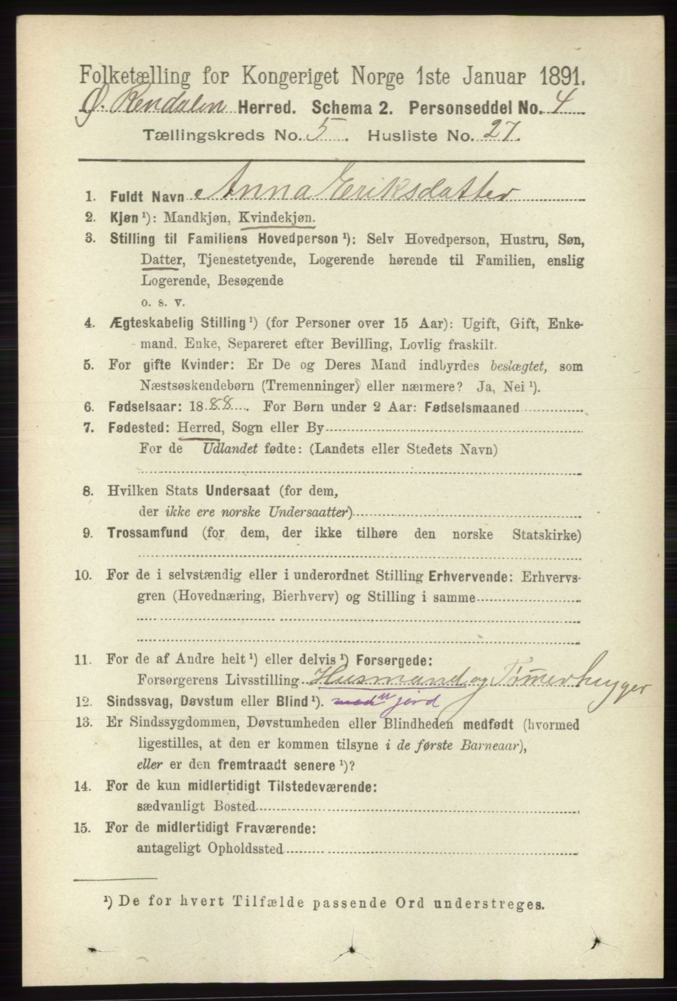 RA, 1891 census for 0433 Øvre Rendal, 1891, p. 1511