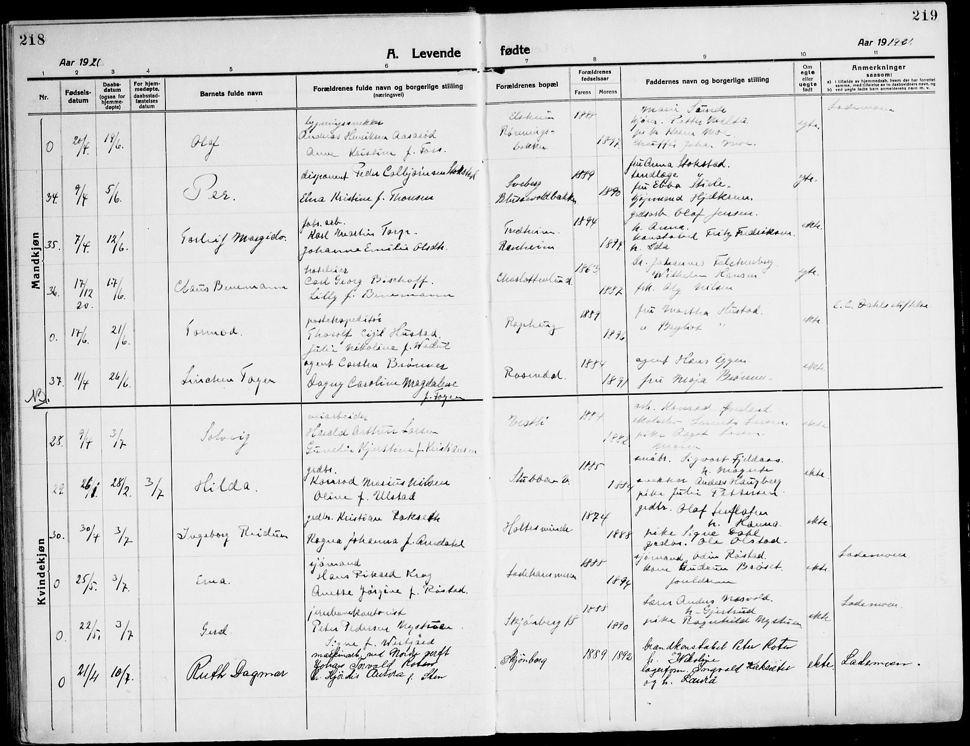 Ministerialprotokoller, klokkerbøker og fødselsregistre - Sør-Trøndelag, SAT/A-1456/607/L0321: Parish register (official) no. 607A05, 1916-1935, p. 218-219
