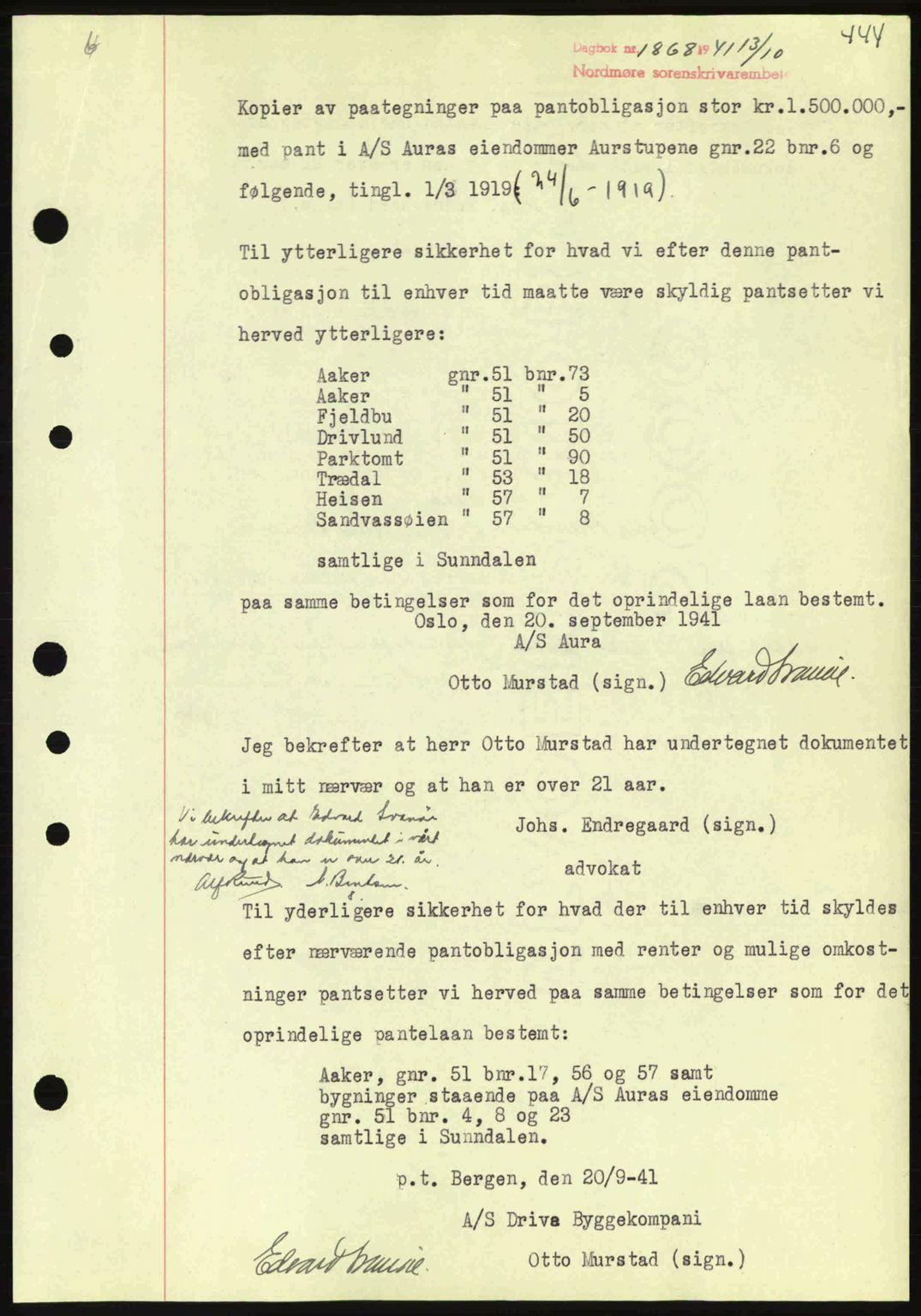 Nordmøre sorenskriveri, AV/SAT-A-4132/1/2/2Ca: Mortgage book no. B88, 1941-1942, Diary no: : 1868/1941