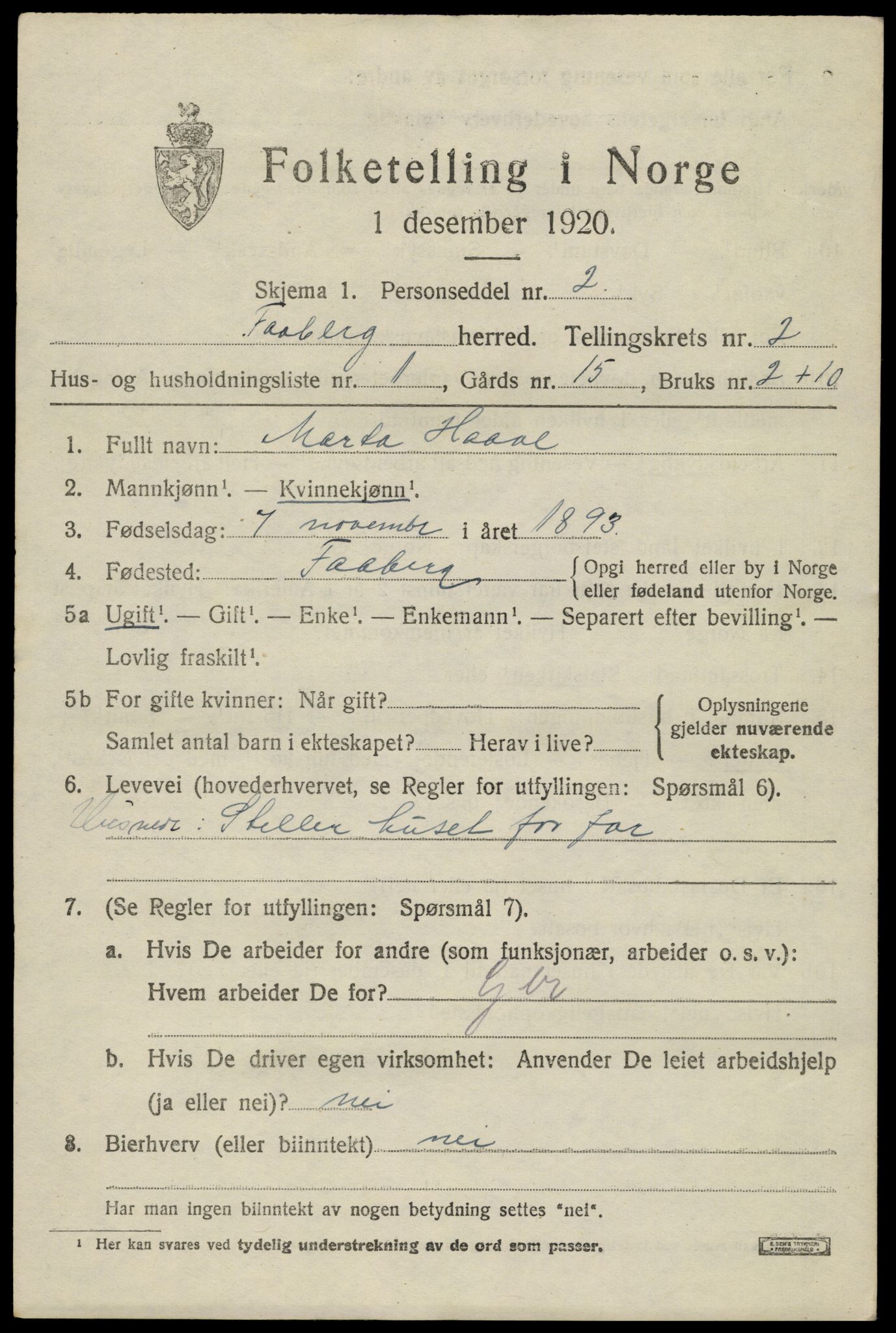 SAH, 1920 census for Fåberg, 1920, p. 3232