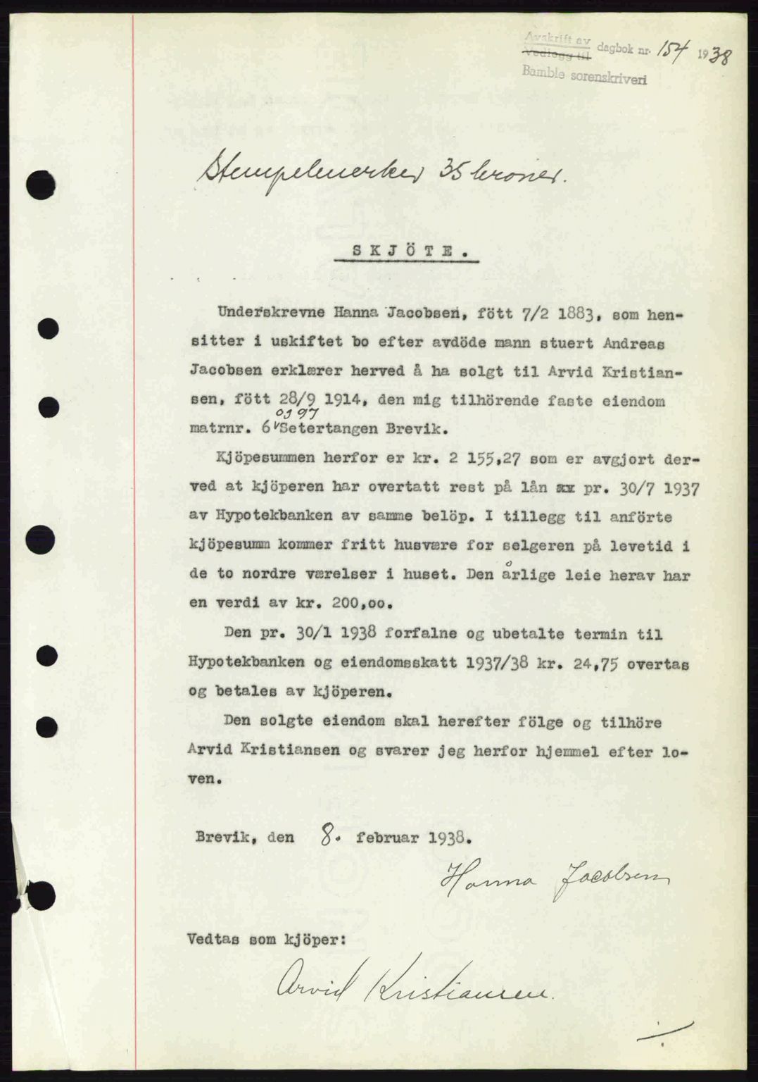 Bamble sorenskriveri, AV/SAKO-A-214/G/Ga/Gag/L0002: Mortgage book no. A-2, 1937-1938, Diary no: : 154/1938