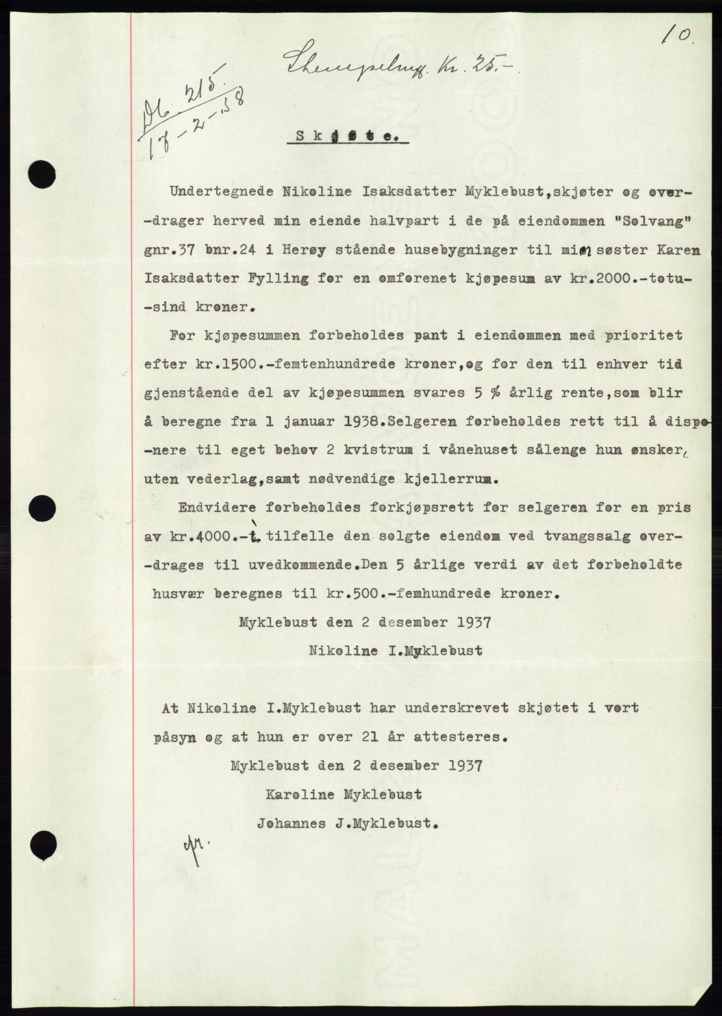 Søre Sunnmøre sorenskriveri, AV/SAT-A-4122/1/2/2C/L0065: Mortgage book no. 59, 1938-1938, Diary no: : 215/1938