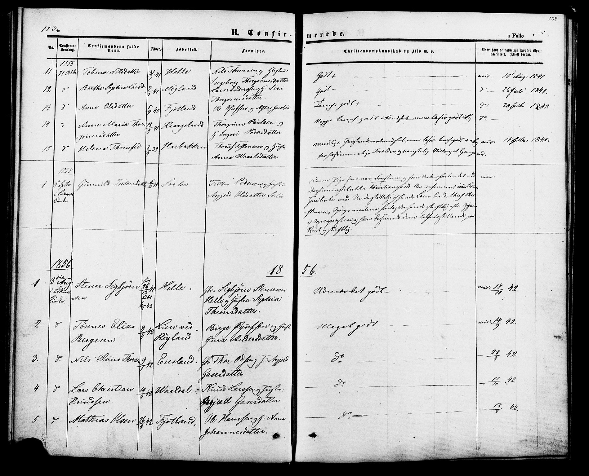 Fjotland sokneprestkontor, AV/SAK-1111-0010/F/Fa/L0001: Parish register (official) no. A 1, 1850-1879, p. 108