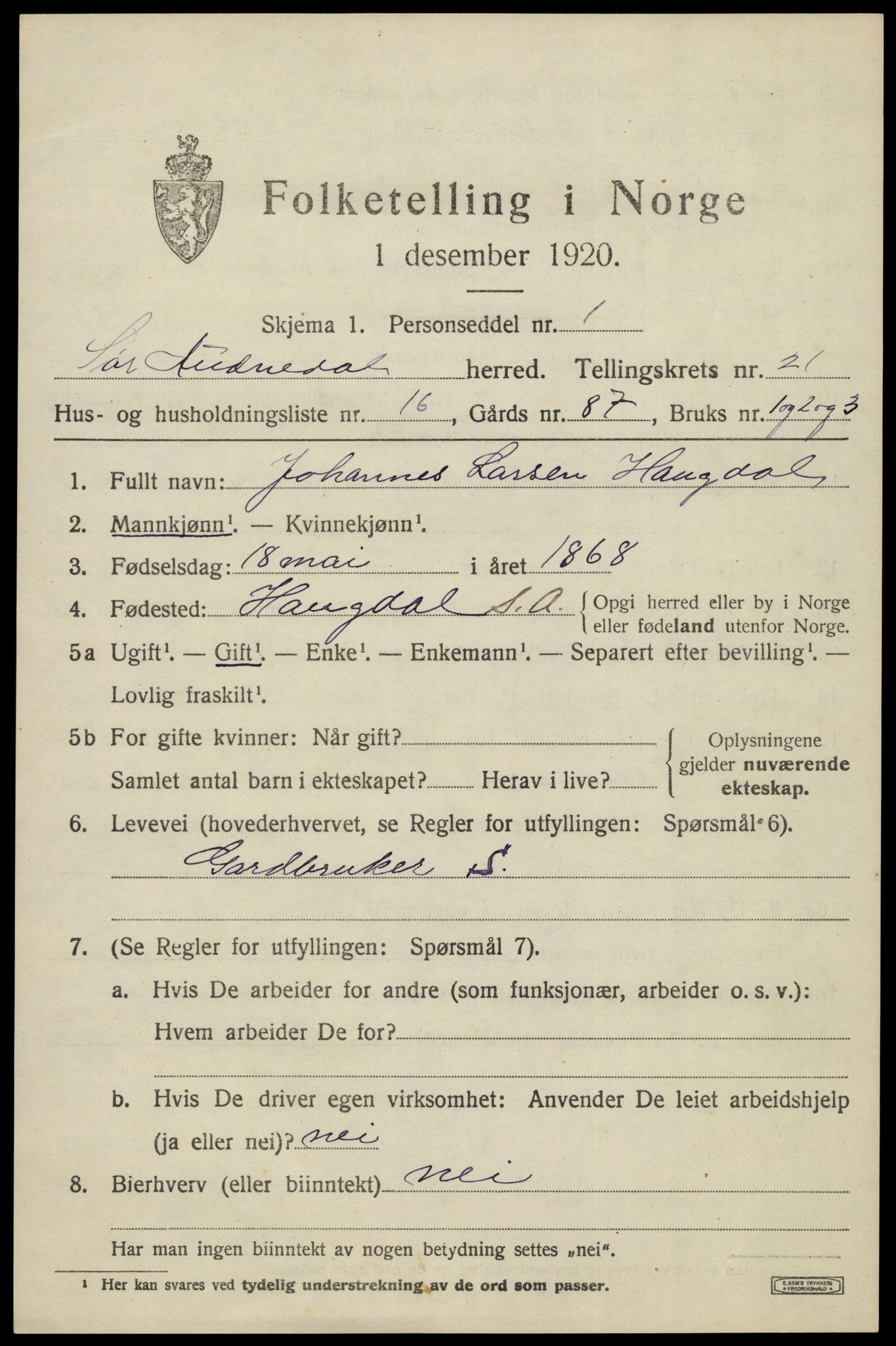 SAK, 1920 census for Sør-Audnedal, 1920, p. 7035