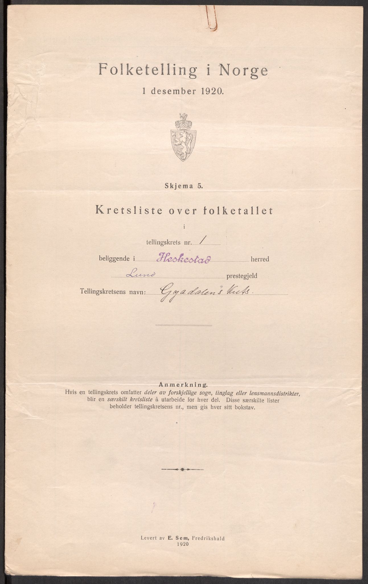 SAST, 1920 census for Heskestad, 1920, p. 6