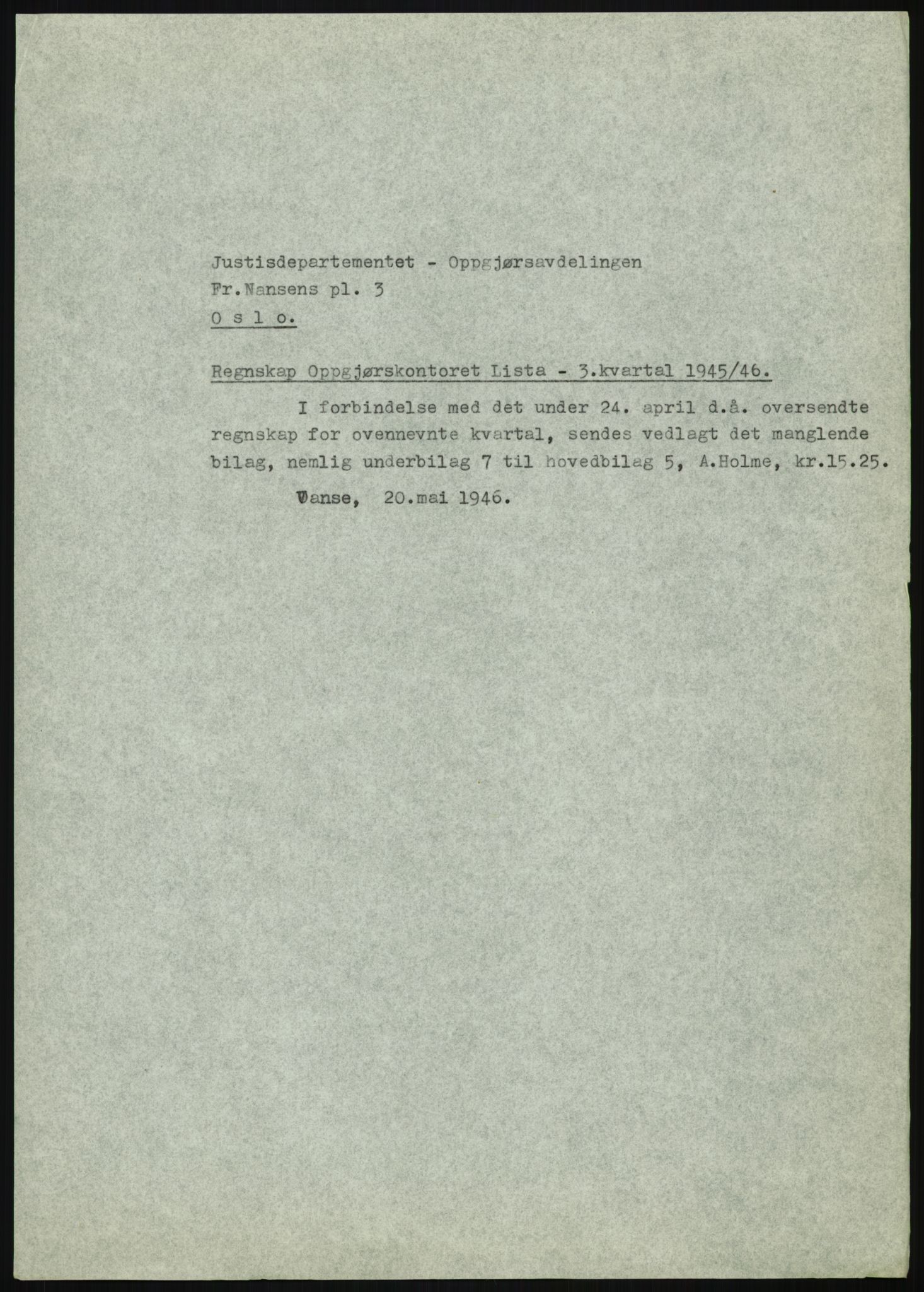 Forsvarsdepartementet, 10. kontor / Oppgjørskontoret, AV/RA-RAFA-1225/D/Db/L0180: Lista oppgjørskontor, 1942-1952, p. 29