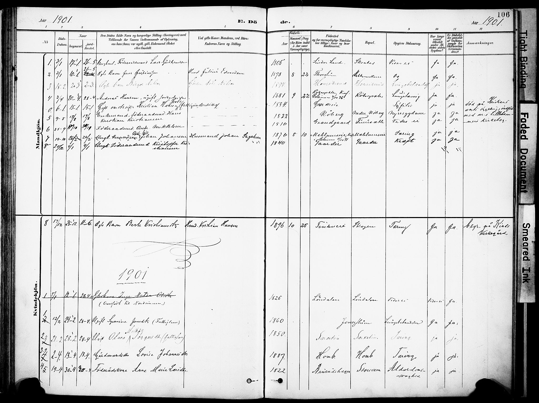 Nordre Land prestekontor, AV/SAH-PREST-124/H/Ha/Haa/L0006: Parish register (official) no. 6, 1897-1914, p. 106