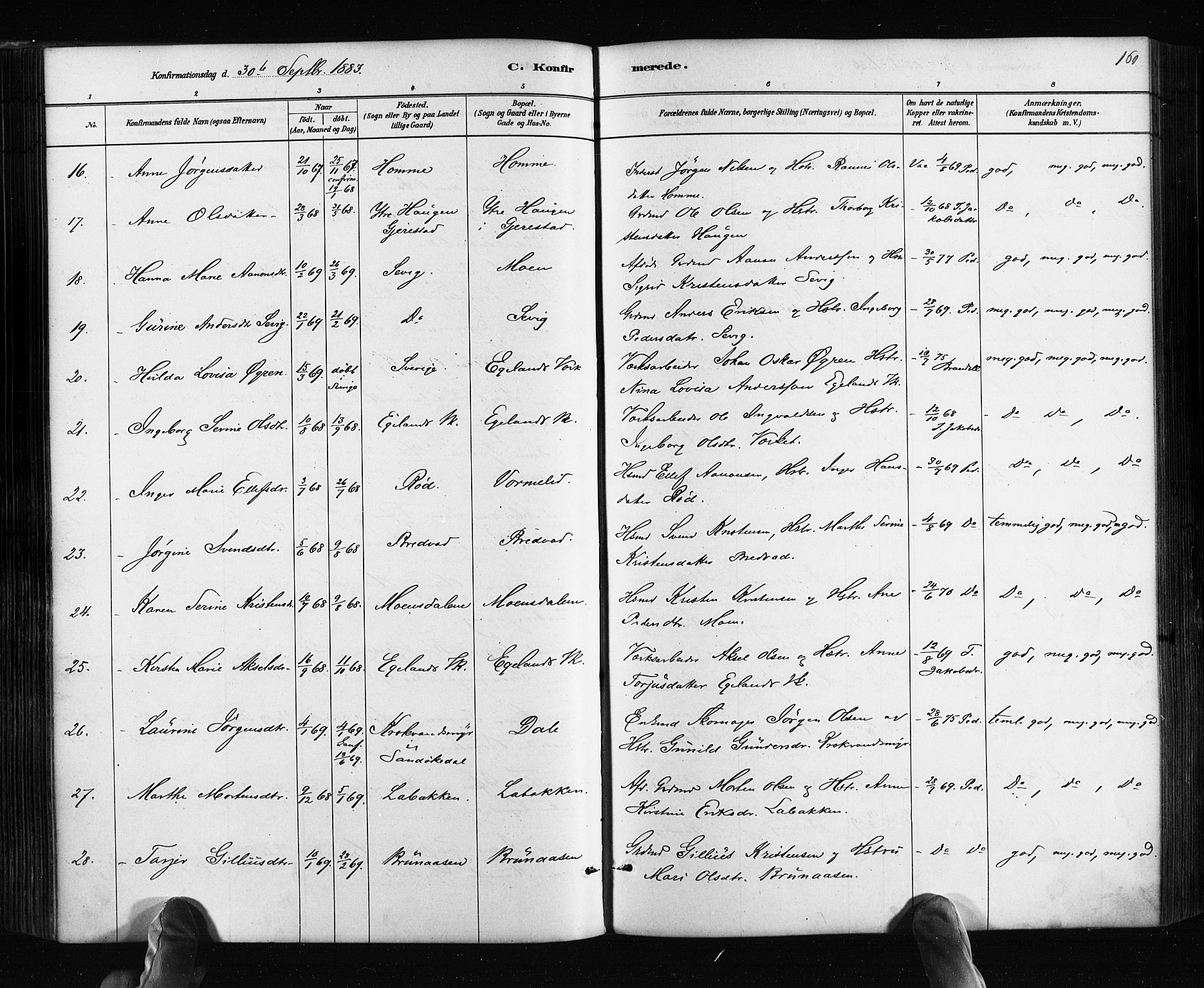 Søndeled sokneprestkontor, AV/SAK-1111-0038/F/Fa/L0004: Parish register (official) no. A 4, 1880-1889, p. 160
