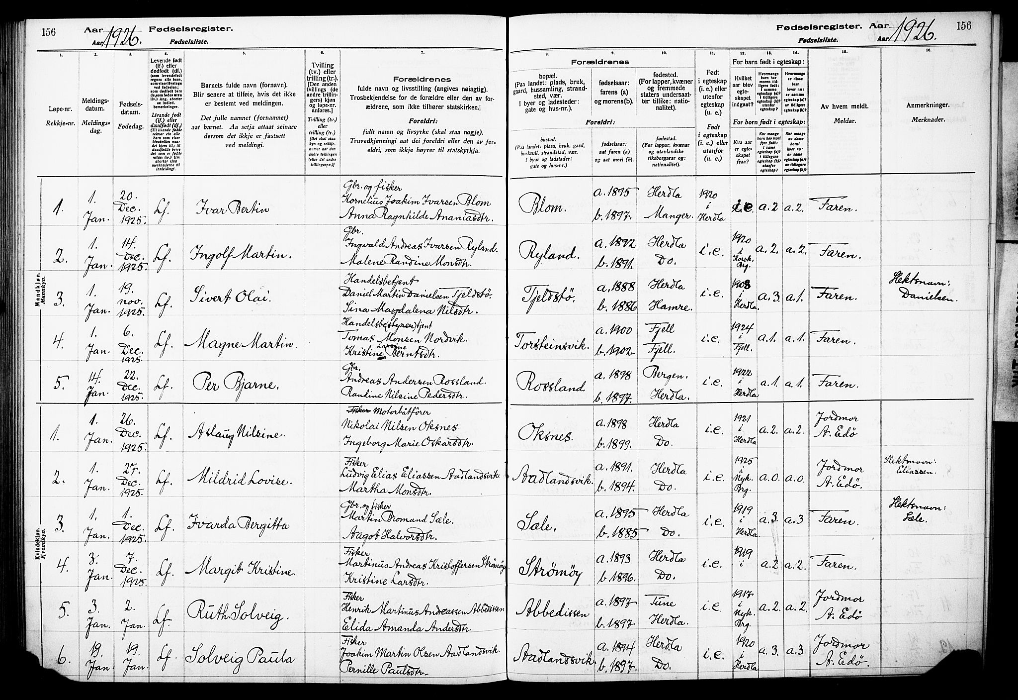 Herdla Sokneprestembete, SAB/A-75701/I/Id/L00A1: Birth register no. A 1, 1916-1929, p. 156