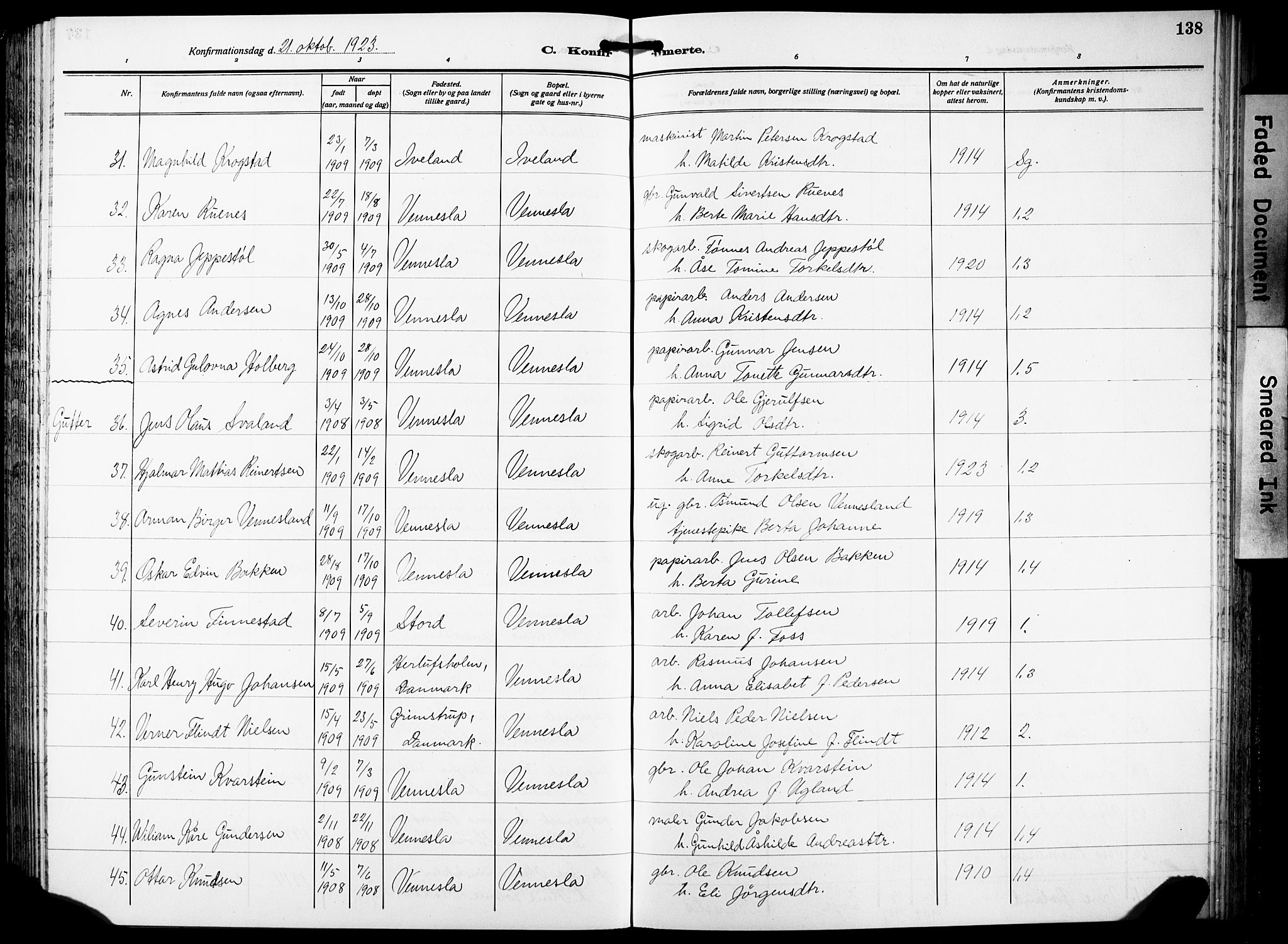 Vennesla sokneprestkontor, AV/SAK-1111-0045/Fb/Fbb/L0007: Parish register (copy) no. B 7, 1922-1933, p. 138