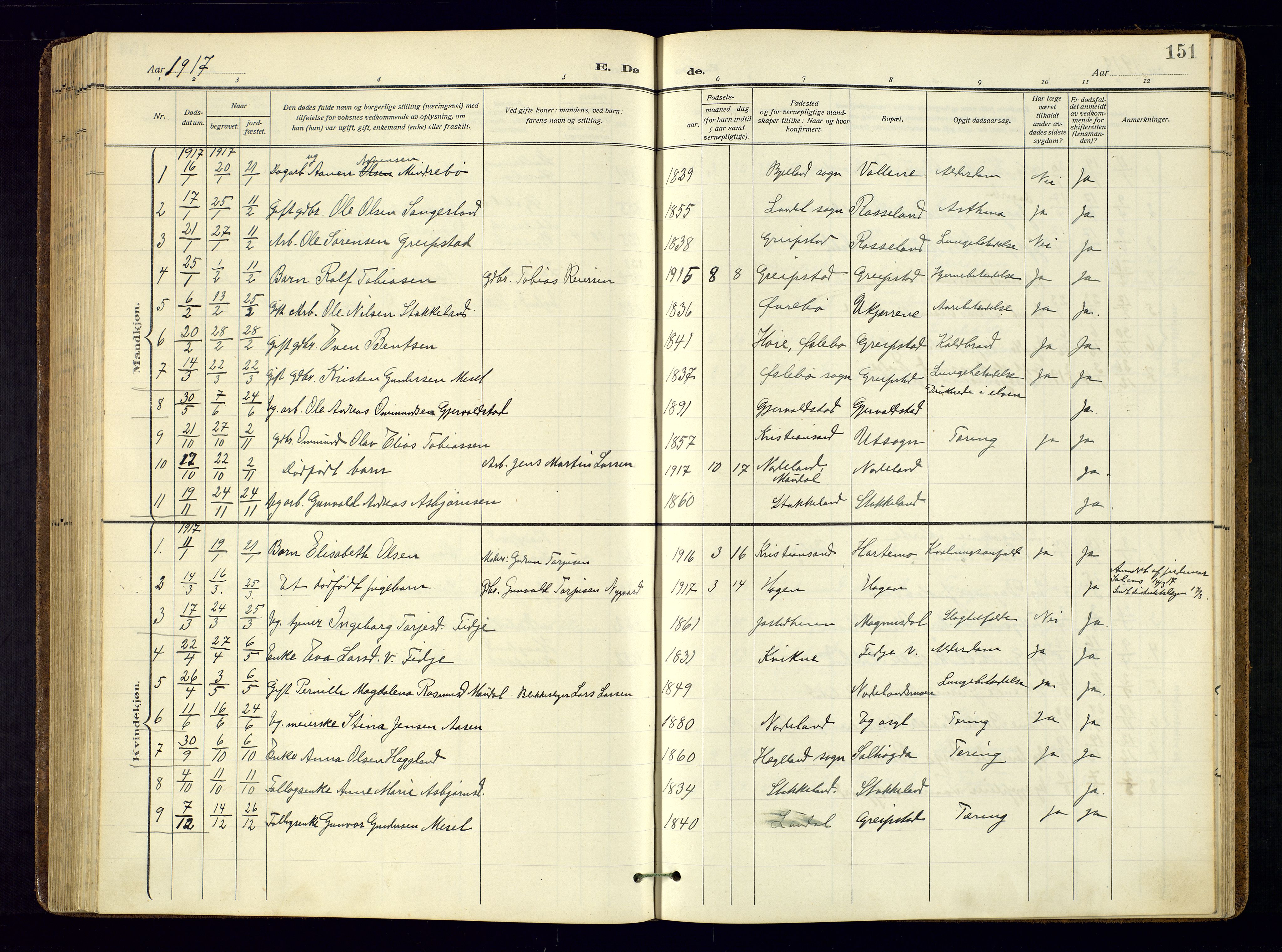 Søgne sokneprestkontor, SAK/1111-0037/F/Fa/Faa/L0004: Parish register (official) no. A-4, 1911-1945, p. 151