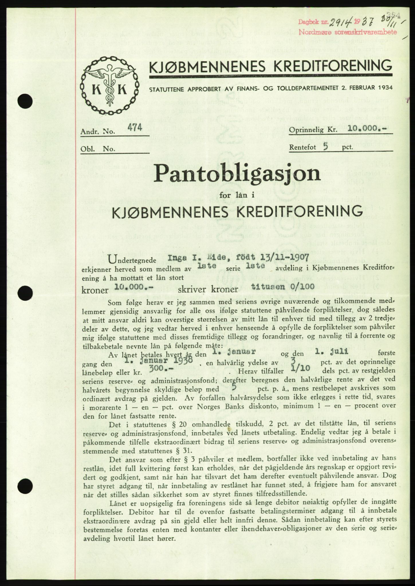 Nordmøre sorenskriveri, AV/SAT-A-4132/1/2/2Ca/L0092: Mortgage book no. B82, 1937-1938, Diary no: : 2914/1937