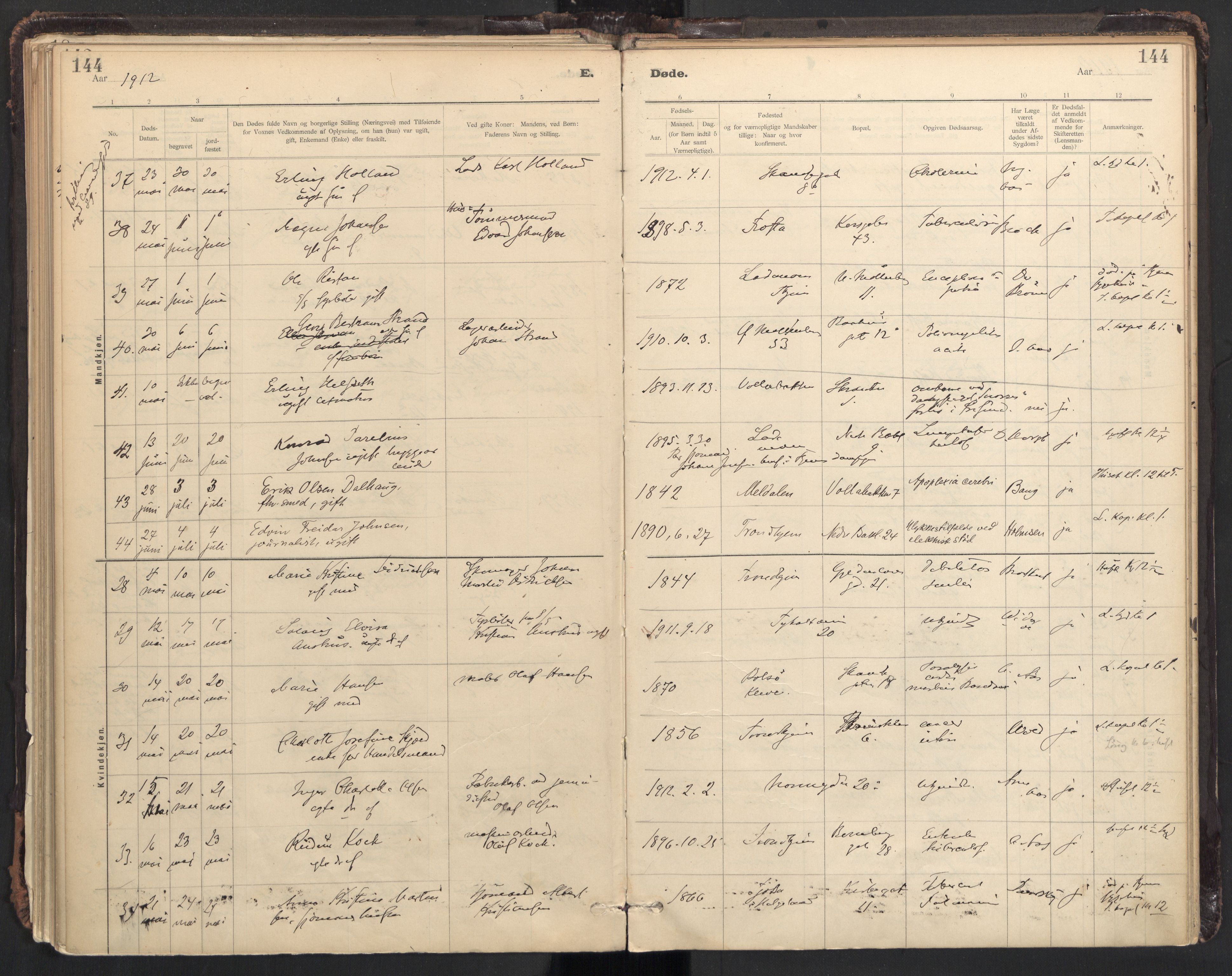 Ministerialprotokoller, klokkerbøker og fødselsregistre - Sør-Trøndelag, AV/SAT-A-1456/604/L0204: Parish register (official) no. 604A24, 1911-1920, p. 144