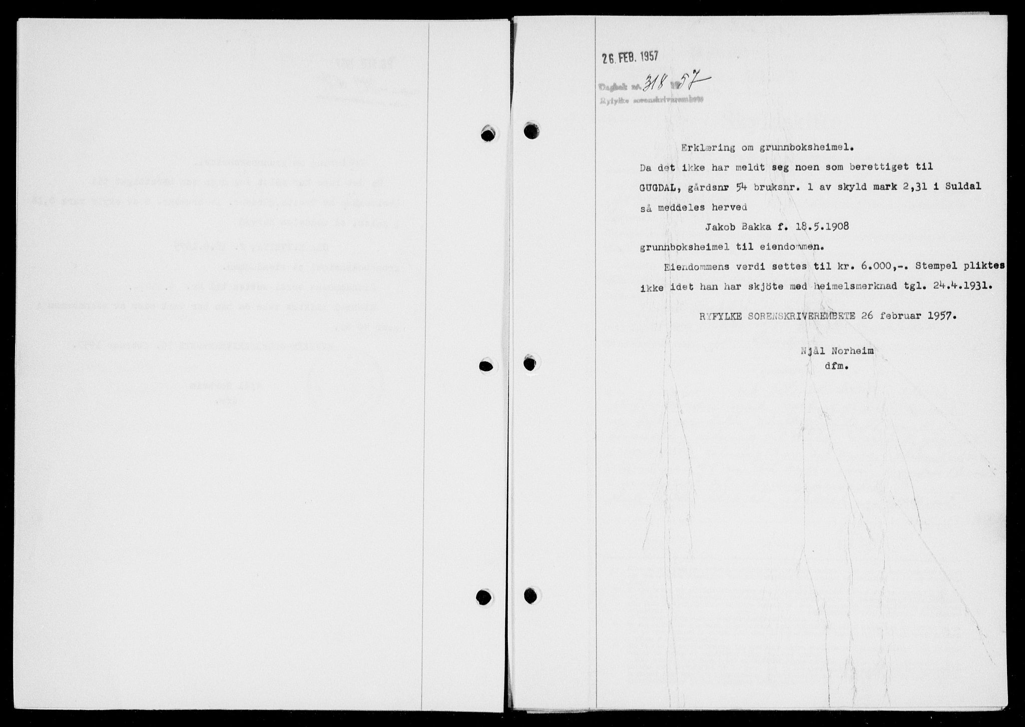 Ryfylke tingrett, SAST/A-100055/001/II/IIB/L0135: Mortgage book no. 114, 1956-1957, Diary no: : 318/1957