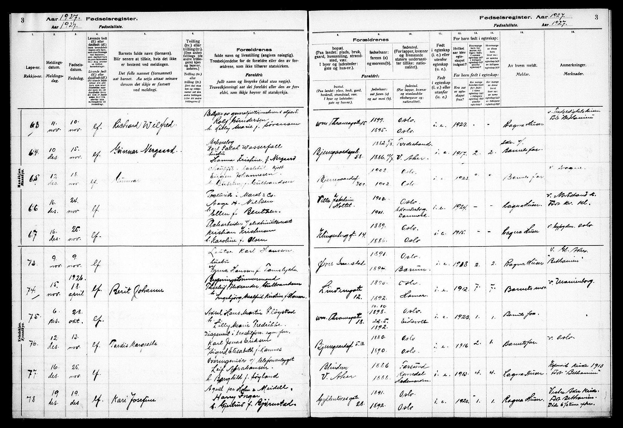 Gamle Aker prestekontor Kirkebøker, AV/SAO-A-10617a/J/L0002: Birth register no. 2, 1927-1935, p. 3