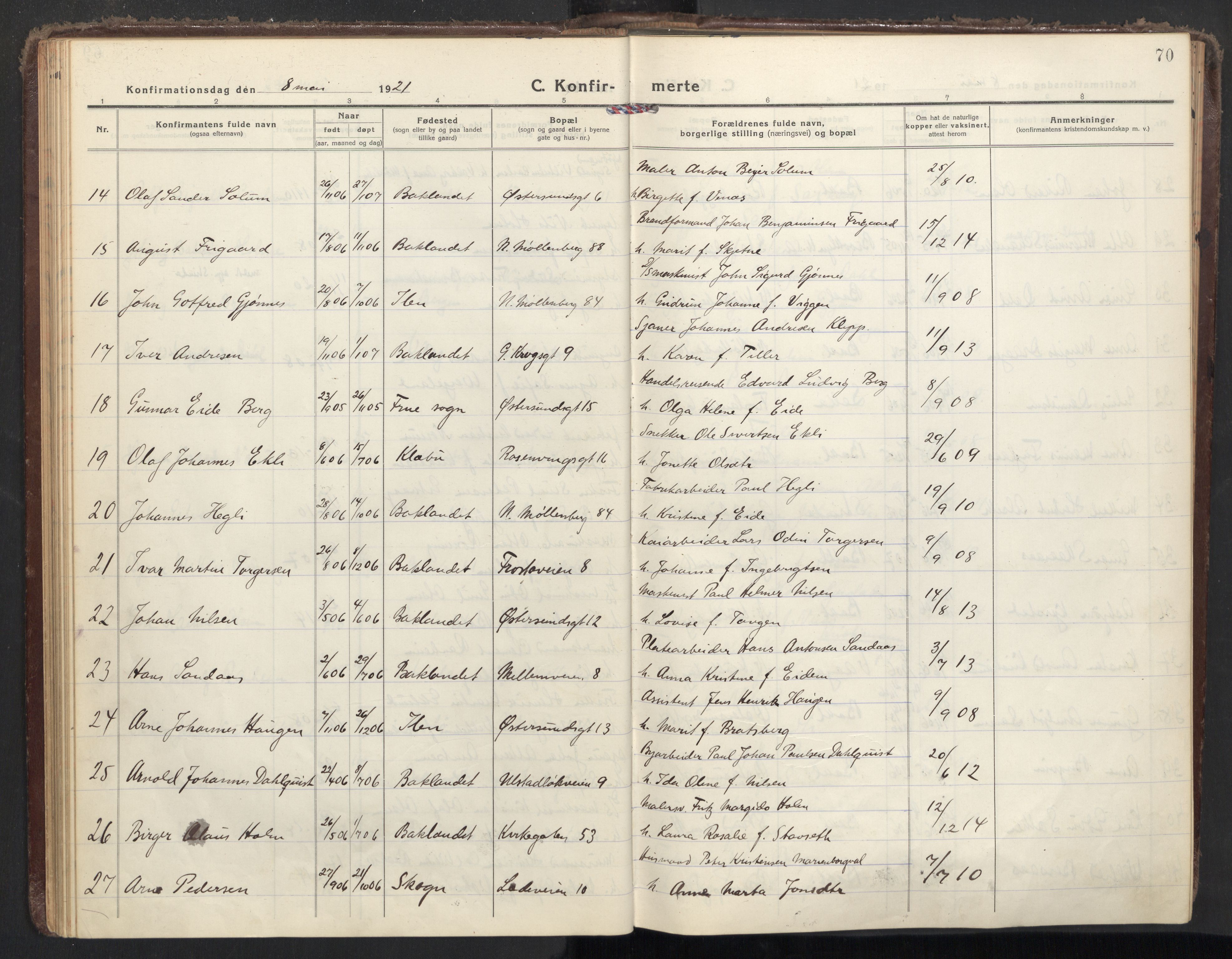 Ministerialprotokoller, klokkerbøker og fødselsregistre - Sør-Trøndelag, SAT/A-1456/605/L0247: Parish register (official) no. 605A09, 1918-1930, p. 70
