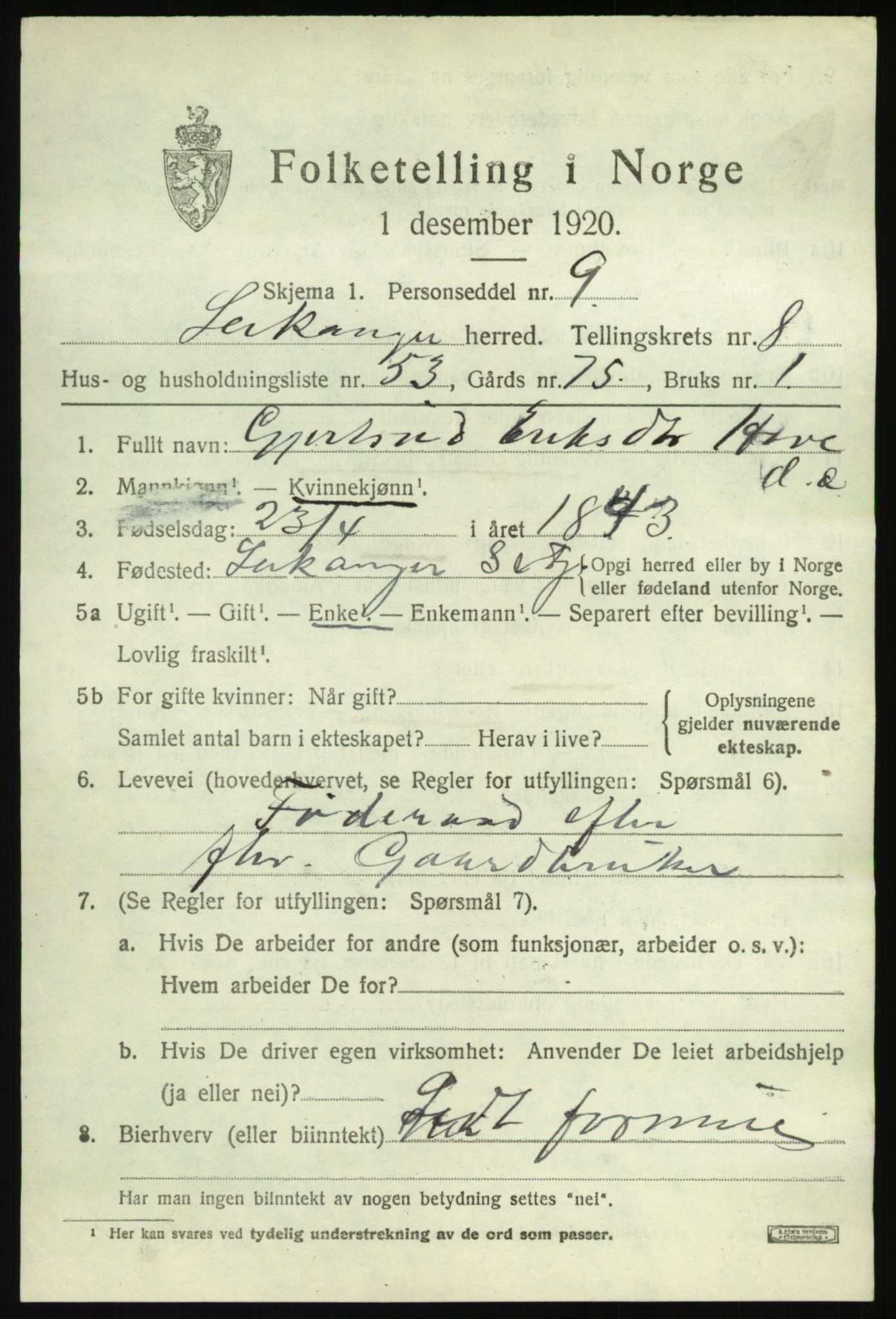 SAB, 1920 census for Leikanger, 1920, p. 5506