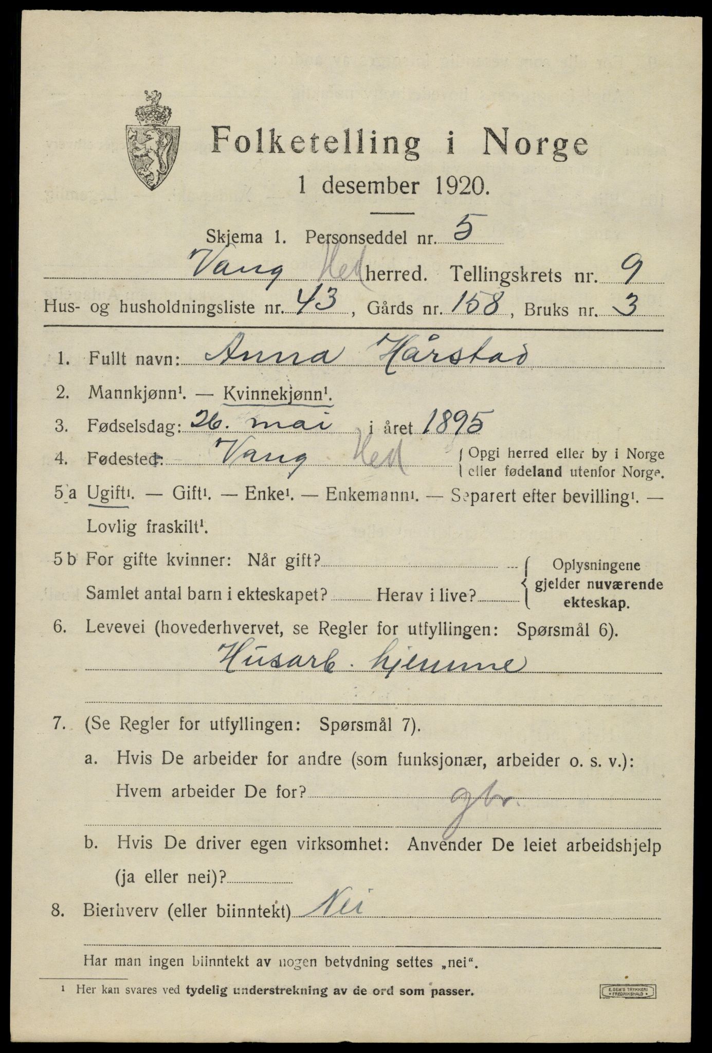 SAH, 1920 census for Vang (Hedmark), 1920, p. 18611