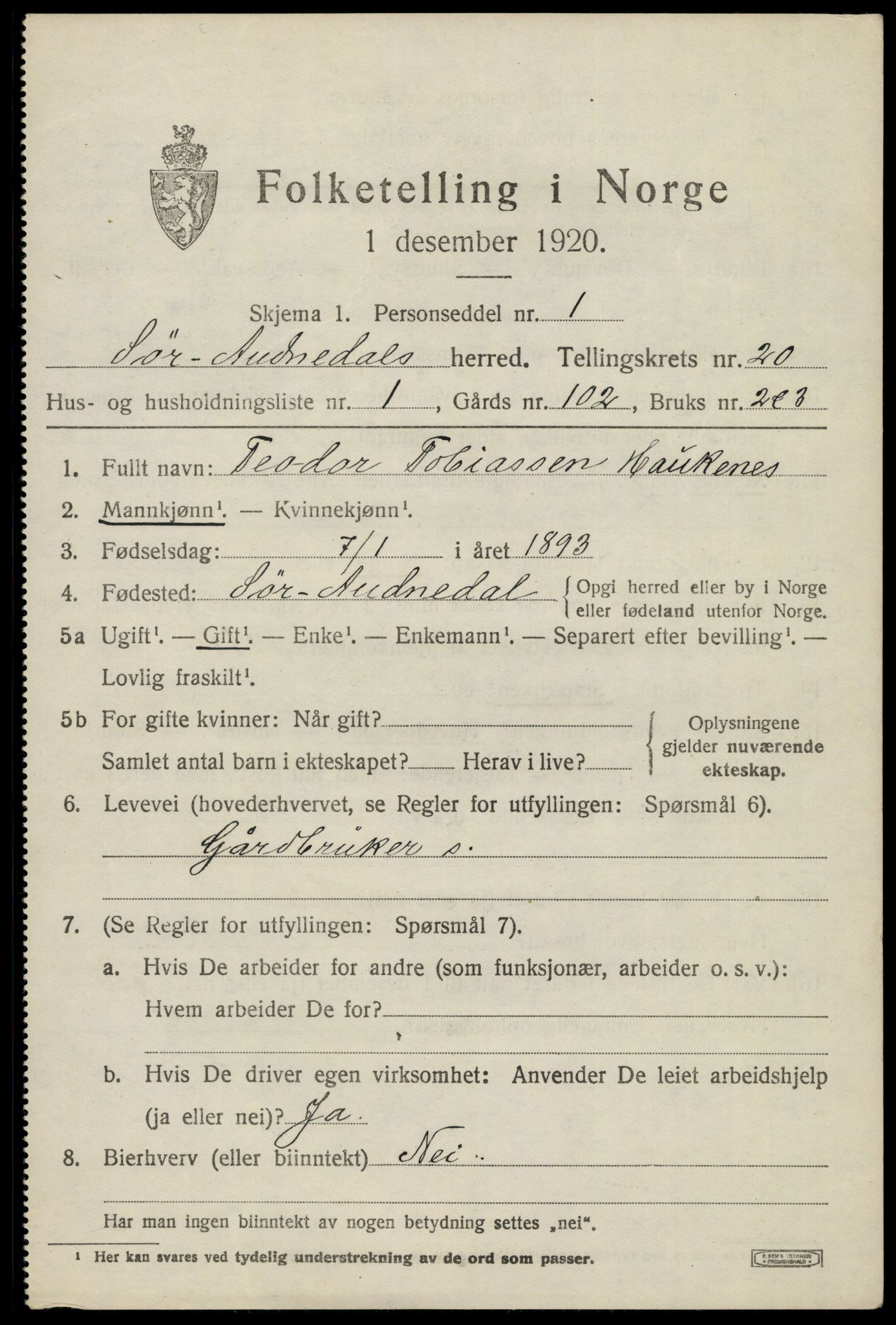 SAK, 1920 census for Sør-Audnedal, 1920, p. 6719