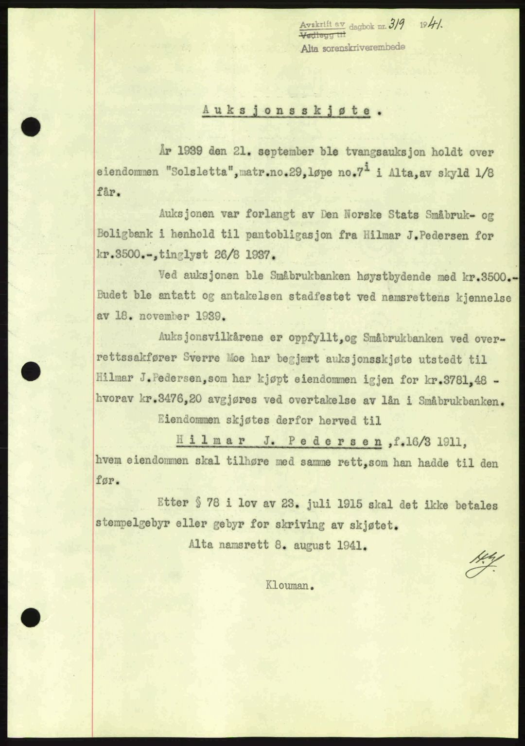 Alta fogderi/sorenskriveri, SATØ/SATØ-5/1/K/Kd/L0033pantebok: Mortgage book no. 33, 1940-1943, Diary no: : 319/1941