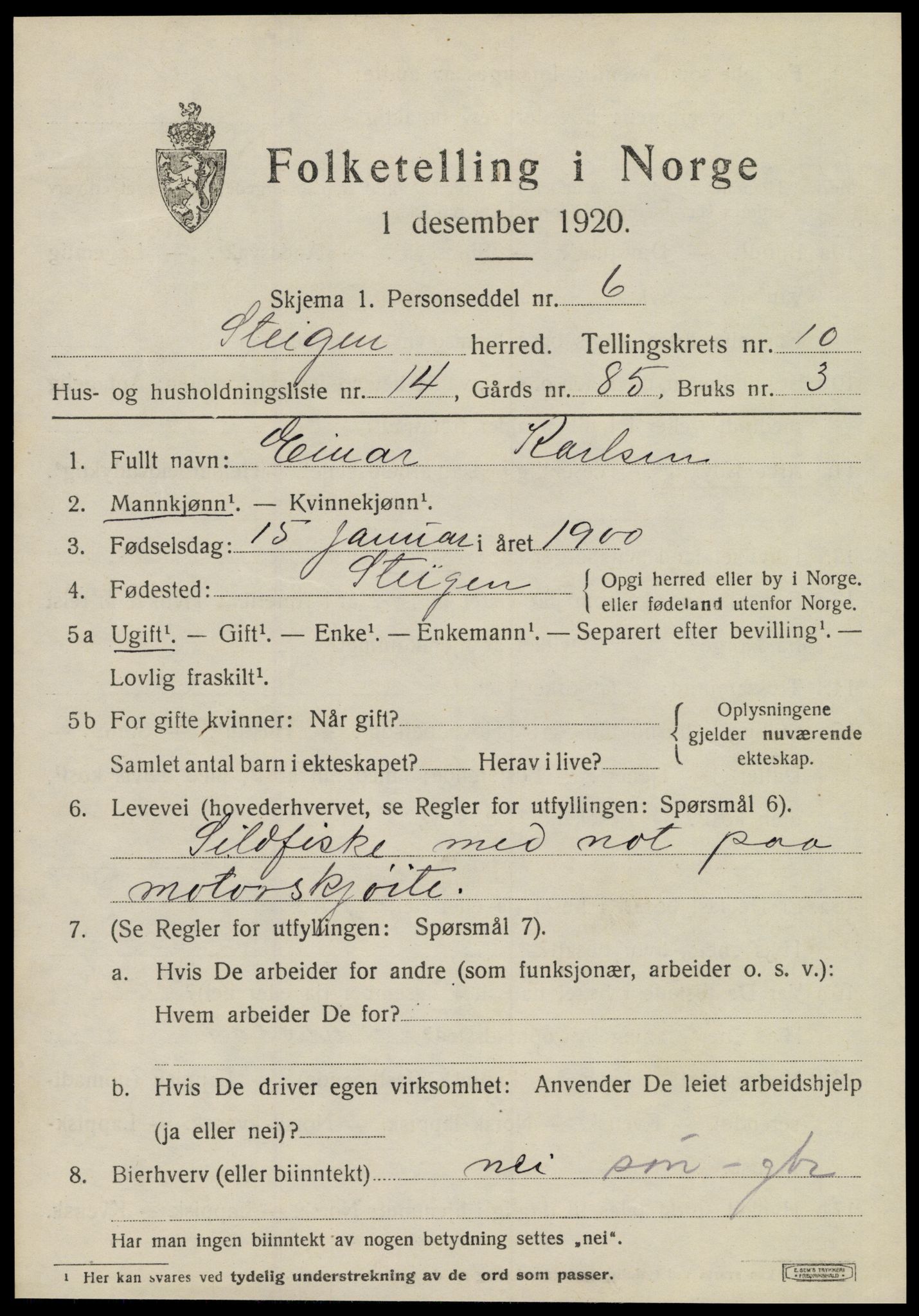 SAT, 1920 census for Steigen, 1920, p. 4266