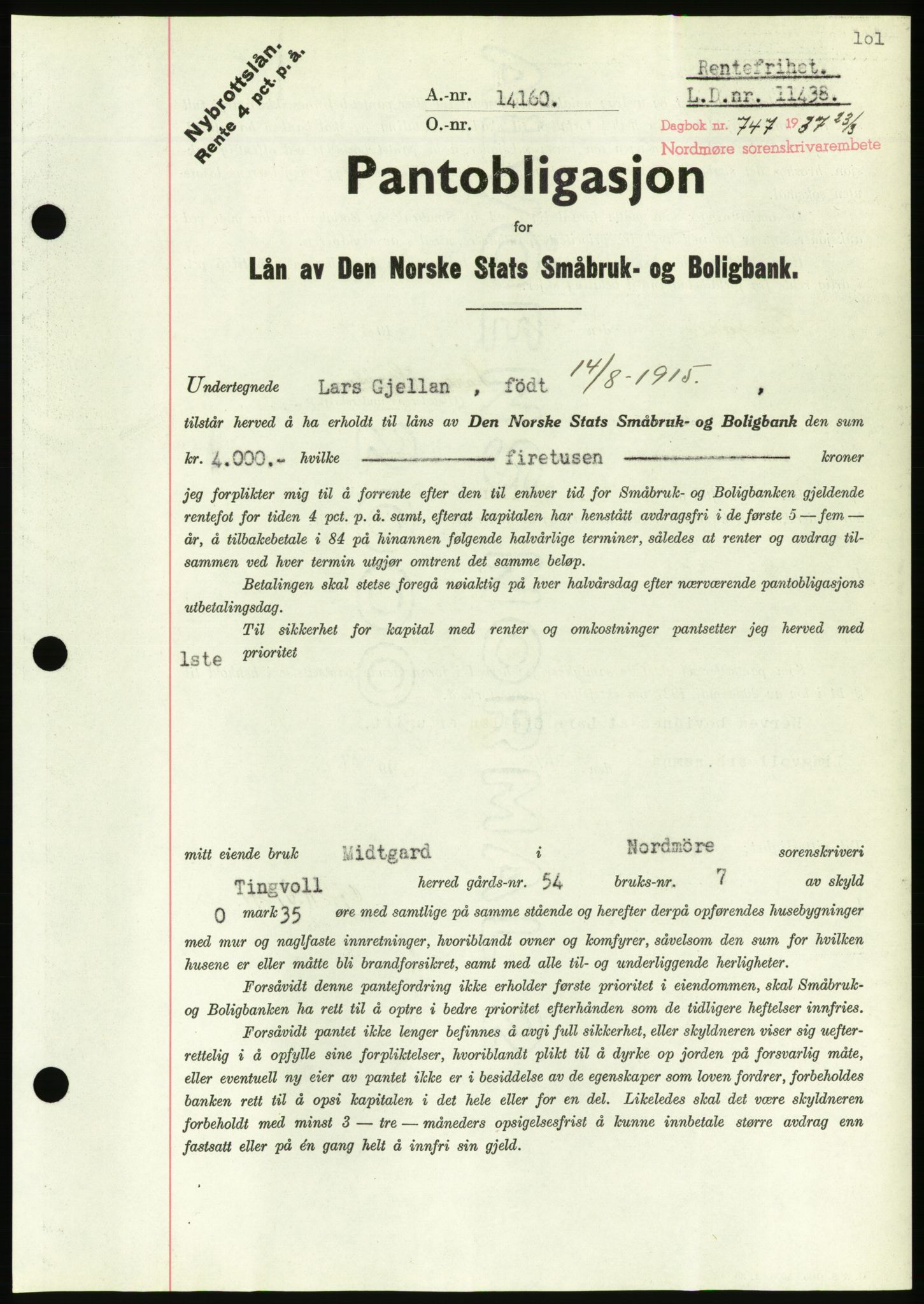 Nordmøre sorenskriveri, AV/SAT-A-4132/1/2/2Ca/L0091: Mortgage book no. B81, 1937-1937, Diary no: : 747/1937