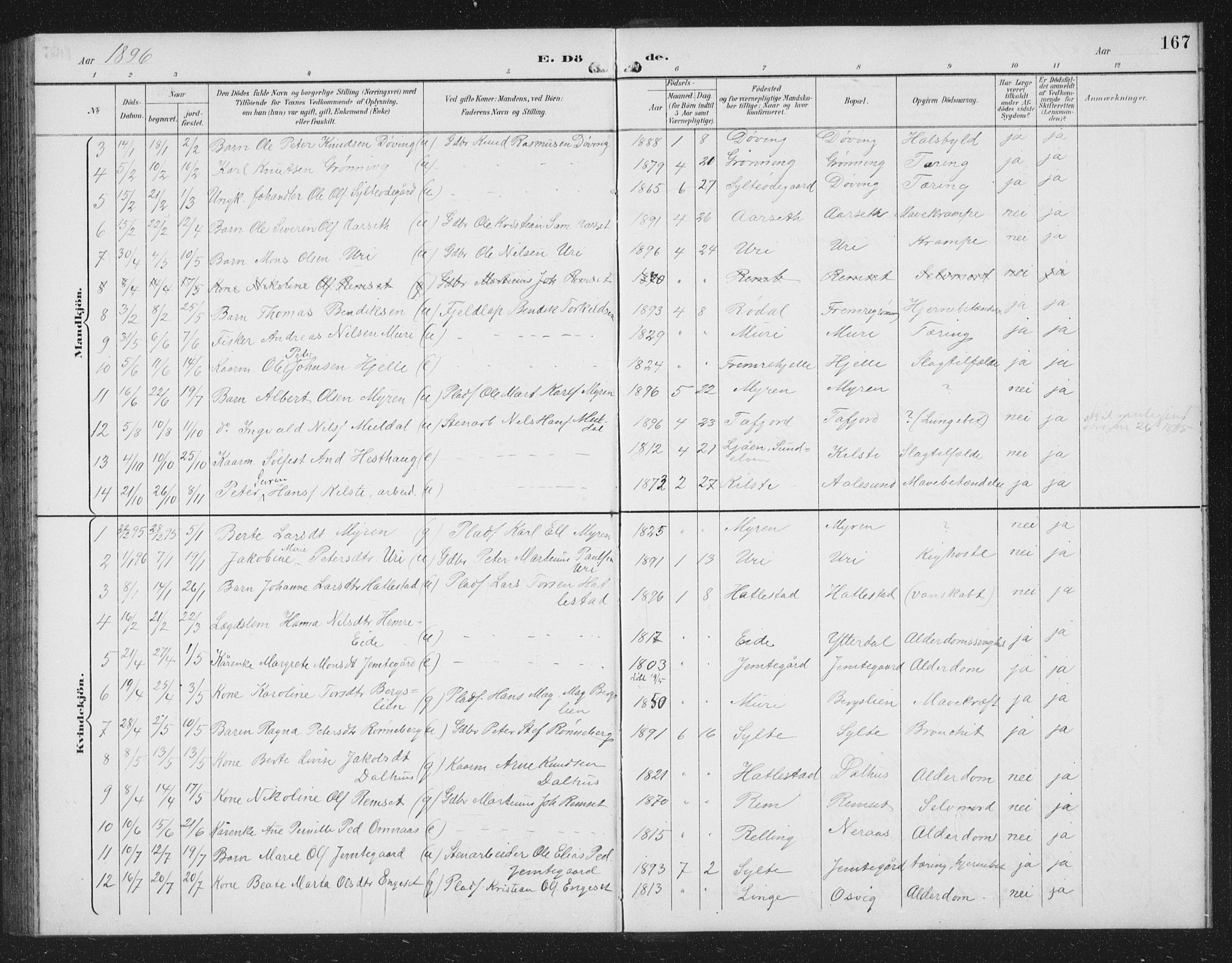Ministerialprotokoller, klokkerbøker og fødselsregistre - Møre og Romsdal, SAT/A-1454/519/L0264: Parish register (copy) no. 519C05, 1892-1910, p. 167