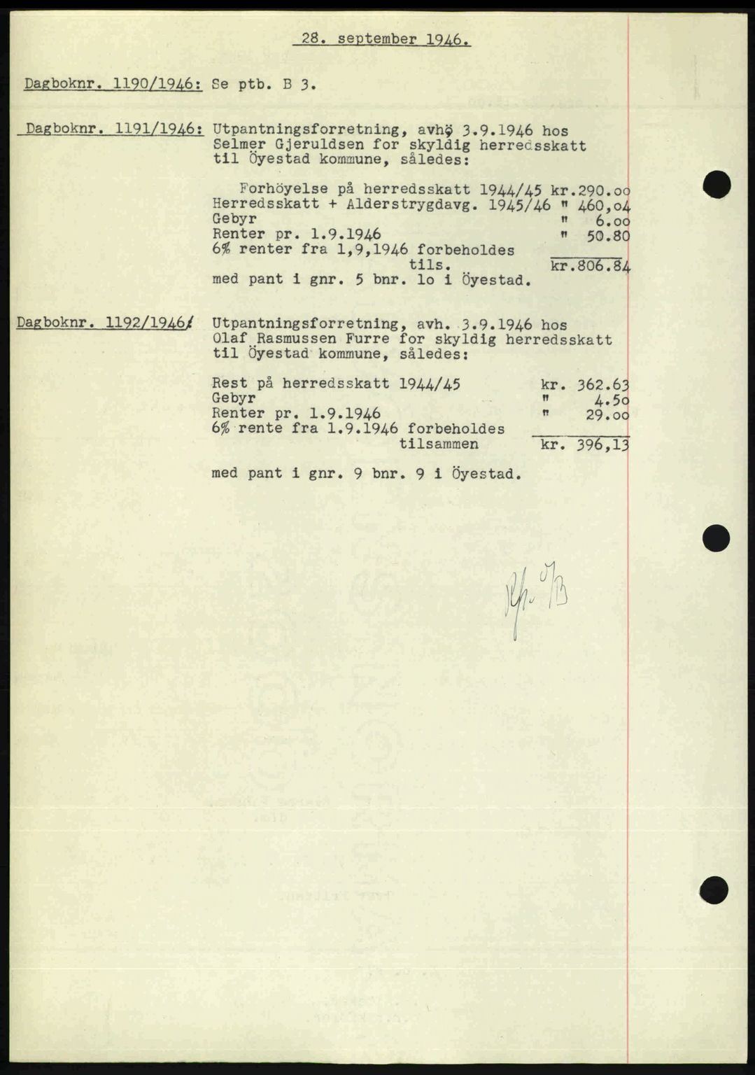 Nedenes sorenskriveri, SAK/1221-0006/G/Gb/Gba/L0056: Mortgage book no. A8, 1946-1947, Diary no: : 1190/1946