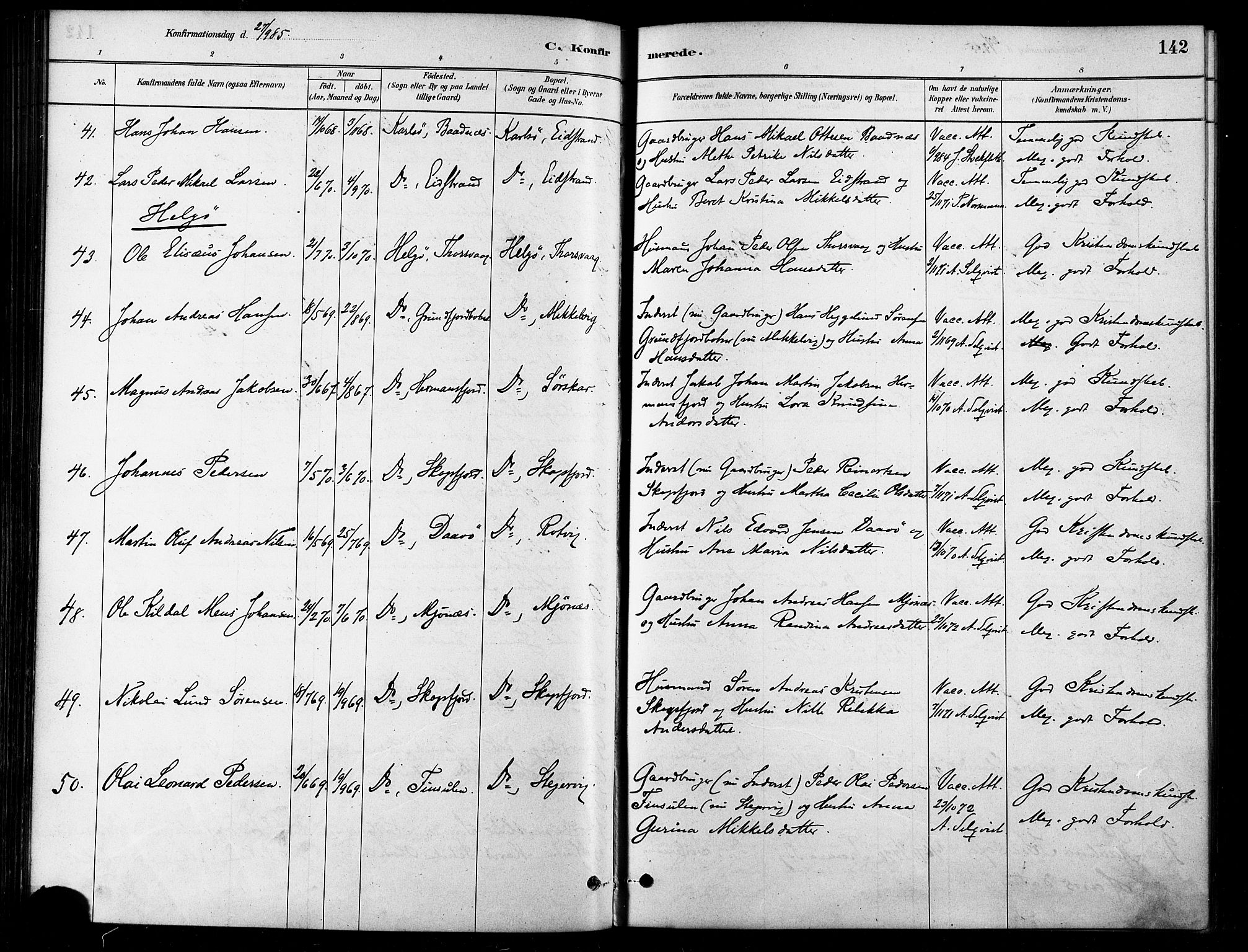 Karlsøy sokneprestembete, SATØ/S-1299/H/Ha/Haa/L0006kirke: Parish register (official) no. 6, 1879-1890, p. 142