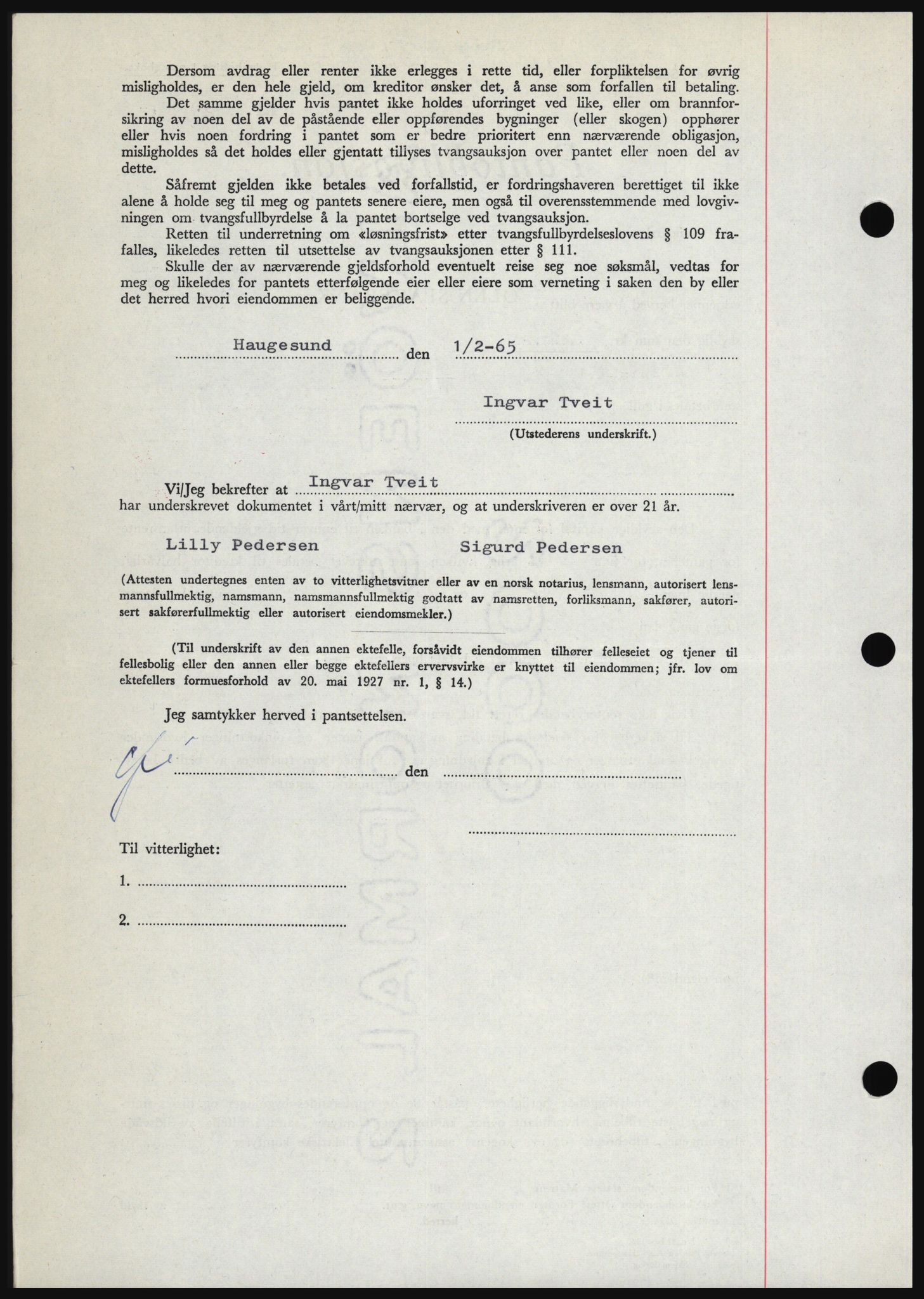 Haugesund tingrett, AV/SAST-A-101415/01/II/IIC/L0053: Mortgage book no. B 53, 1965-1965, Diary no: : 317/1965