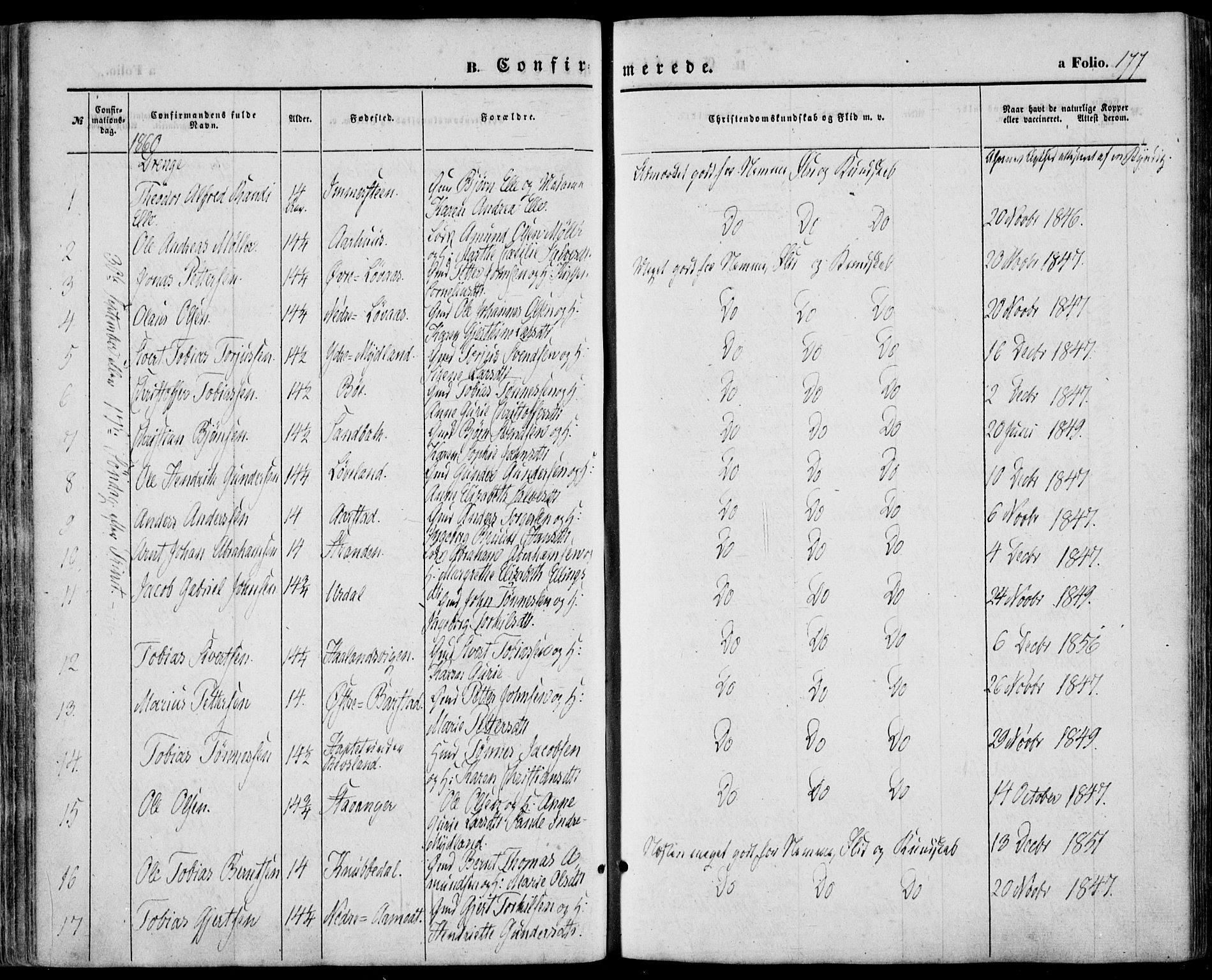 Sokndal sokneprestkontor, SAST/A-101808: Parish register (official) no. A 9, 1857-1874, p. 177