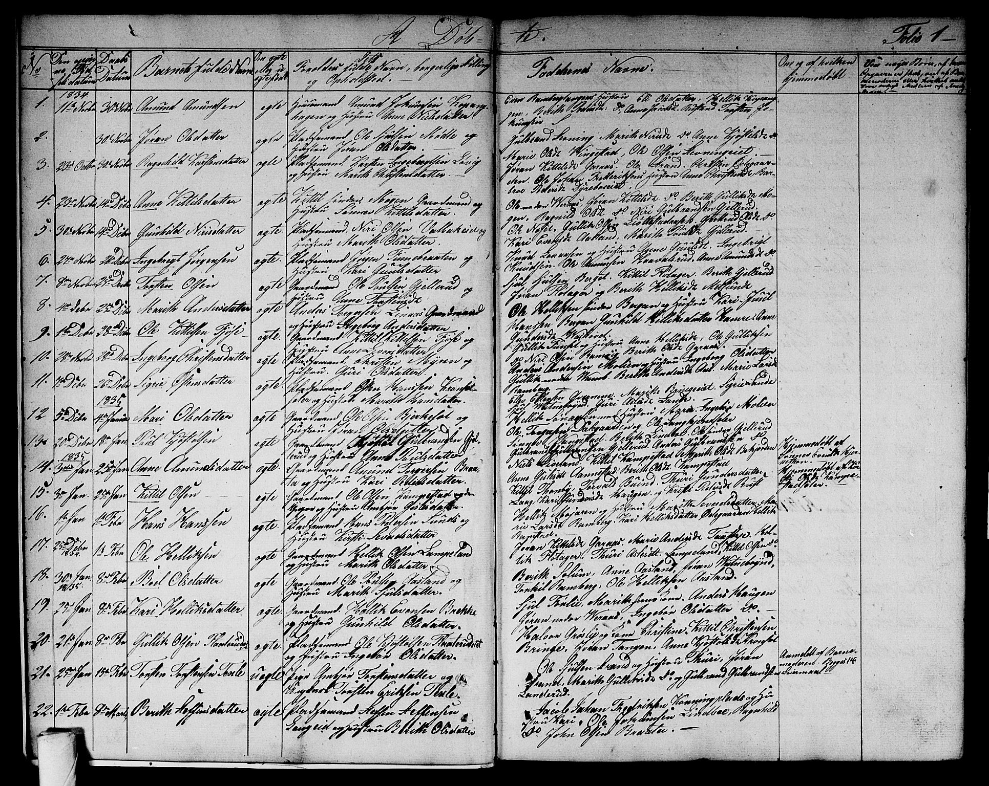 Flesberg kirkebøker, SAKO/A-18/G/Ga/L0002: Parish register (copy) no. I 2, 1834-1860, p. 1