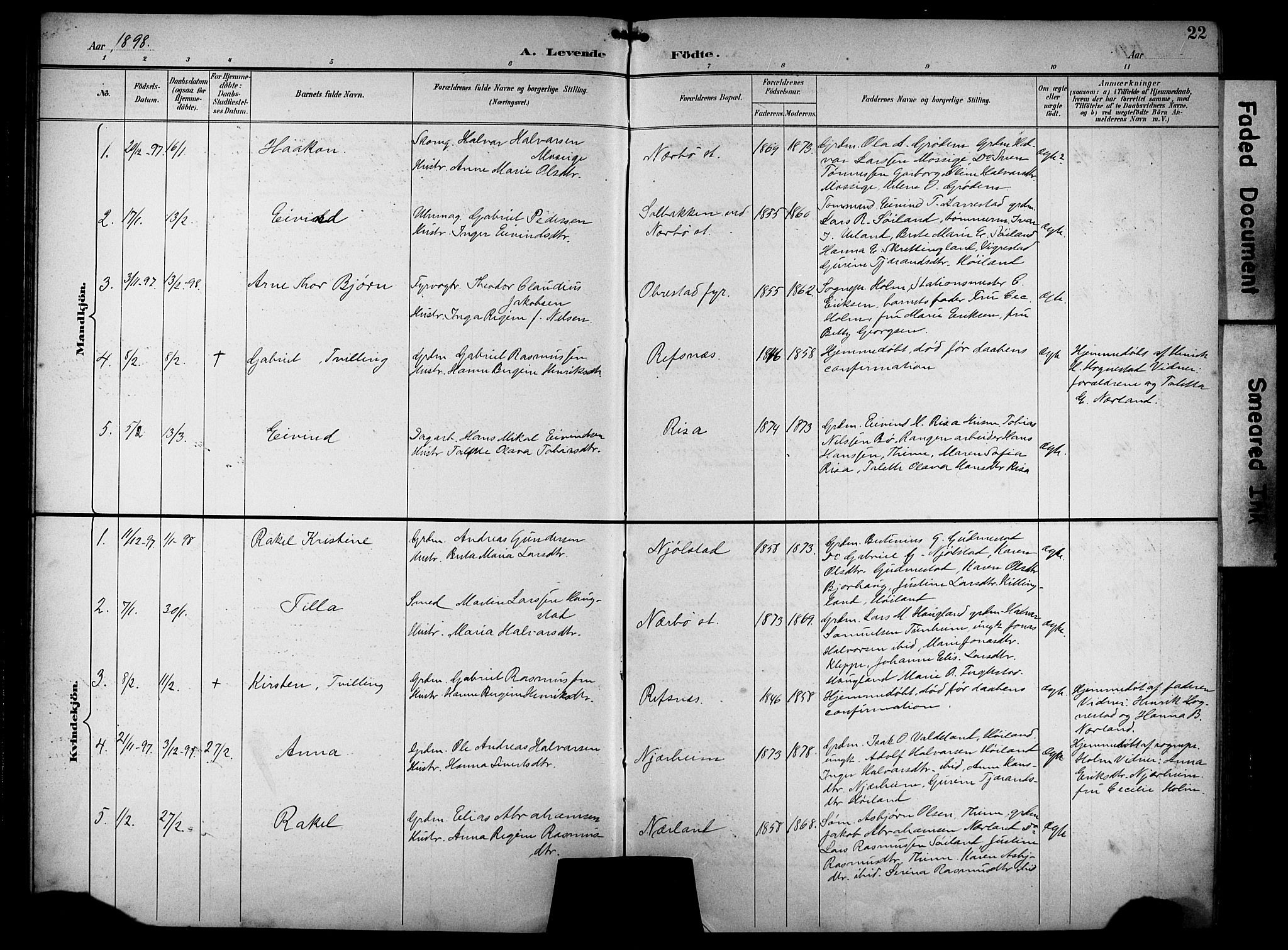 Hå sokneprestkontor, AV/SAST-A-101801/001/30BB/L0005: Parish register (copy) no. B 5, 1894-1912, p. 22