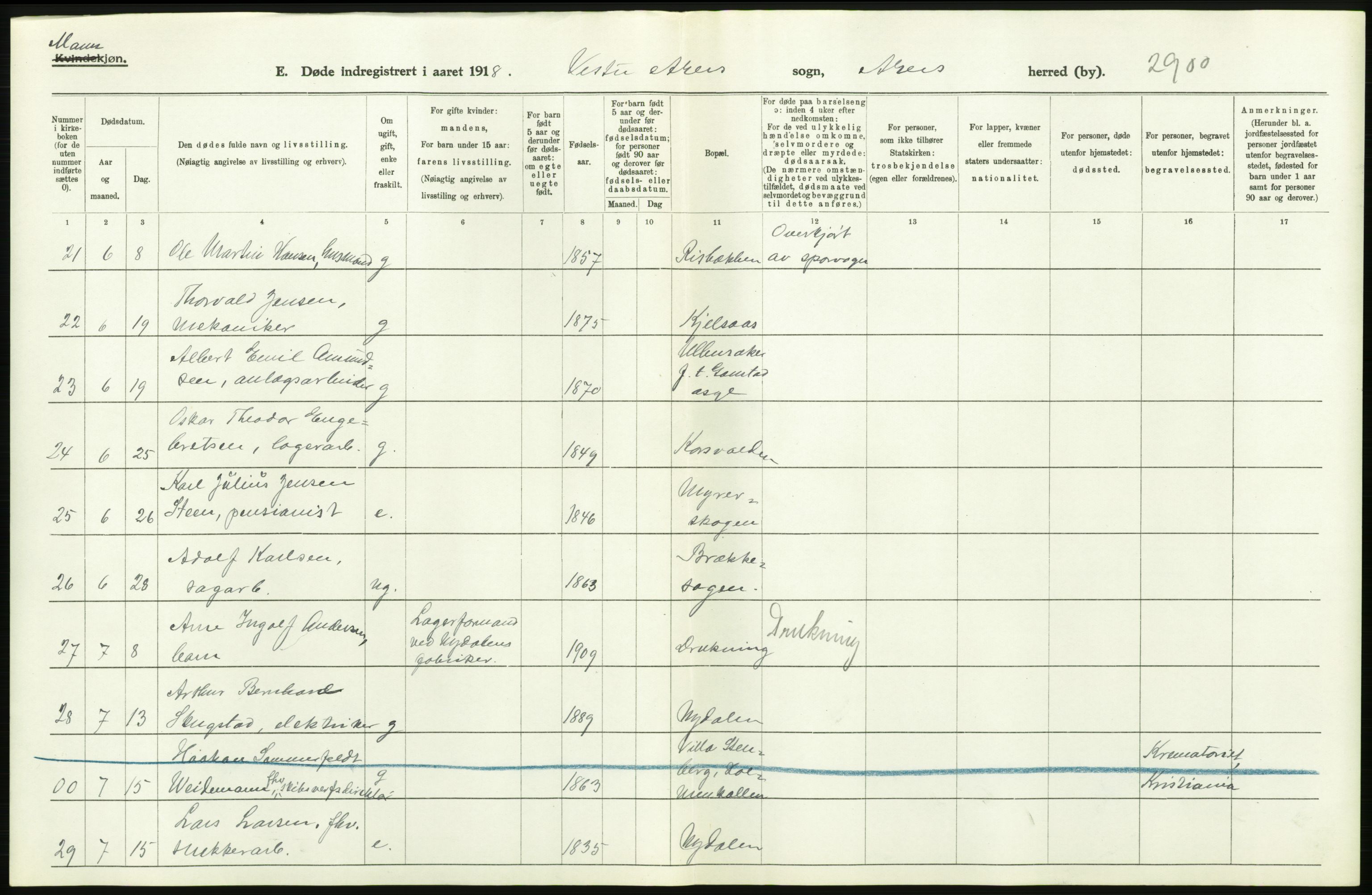 Statistisk sentralbyrå, Sosiodemografiske emner, Befolkning, AV/RA-S-2228/D/Df/Dfb/Dfbh/L0006: Akershus fylke: Døde. Bygder og byer., 1918, p. 124