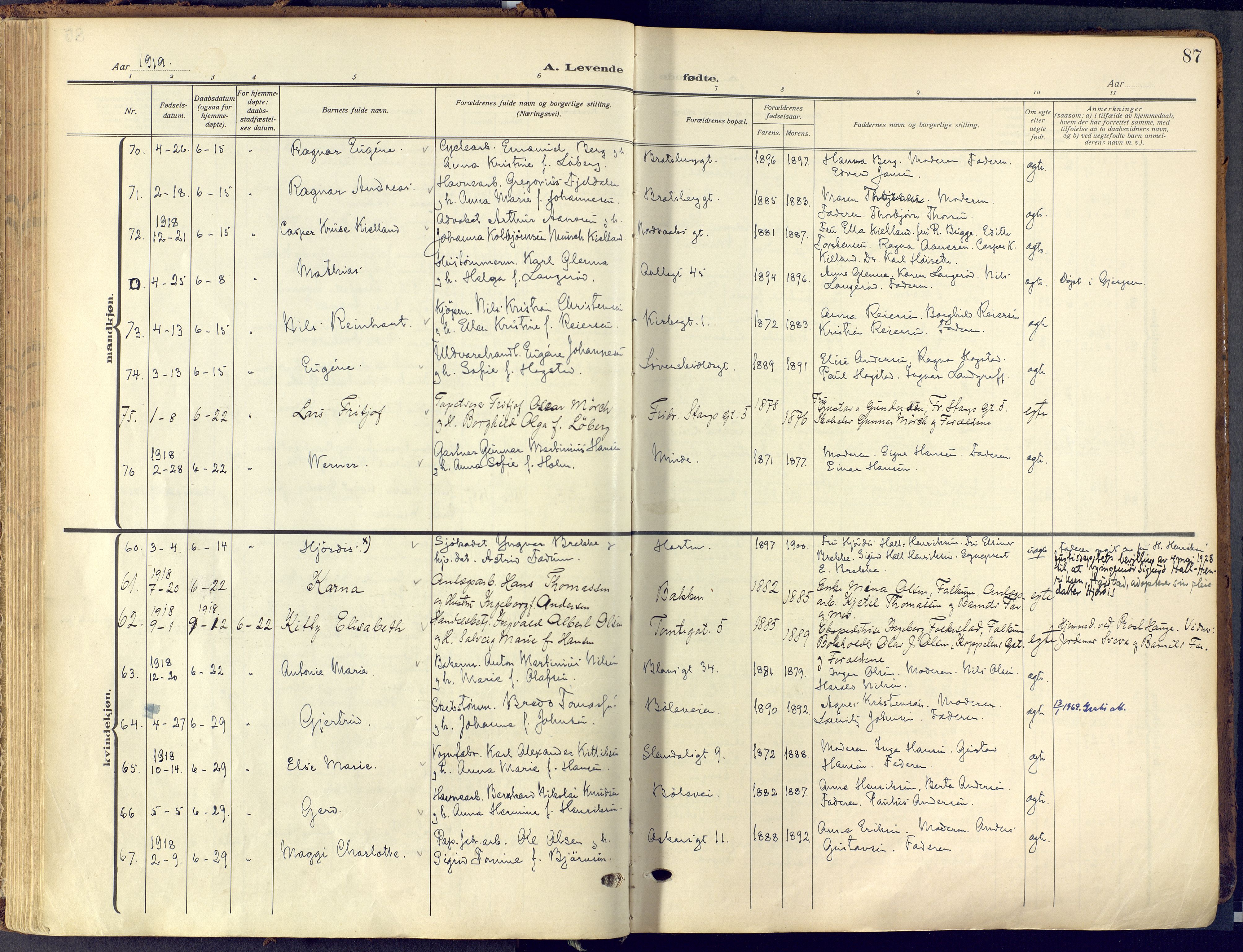Skien kirkebøker, SAKO/A-302/F/Fa/L0013: Parish register (official) no. 13, 1915-1921, p. 87