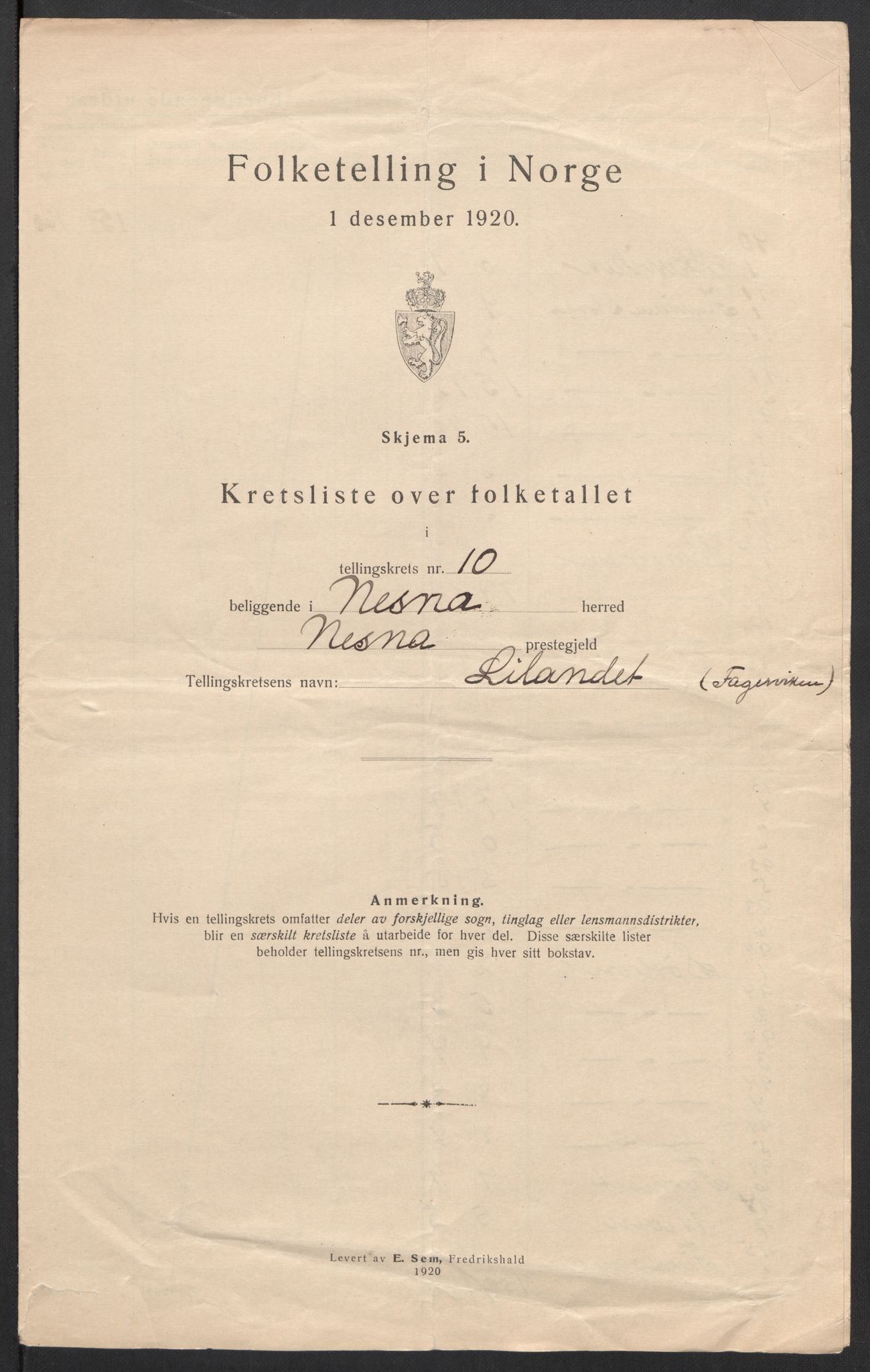 SAT, 1920 census for Nesna, 1920, p. 28